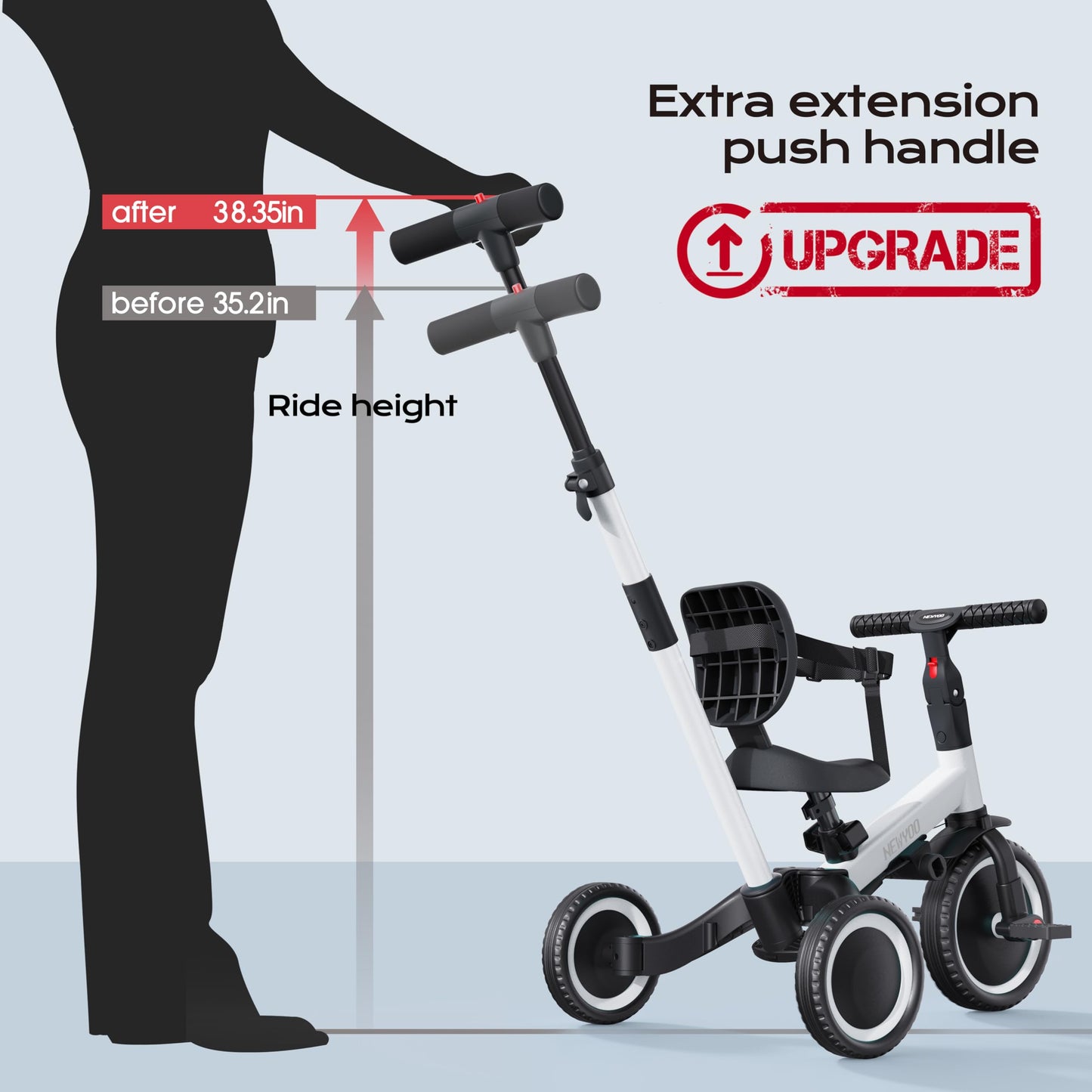 newyoo 5 in 1 balance bike tricycle, suitable for 1 year olds with push handle, for kids aged 1-3 years, bike for children up to 25kg including removable pedals and adjustable seat, white