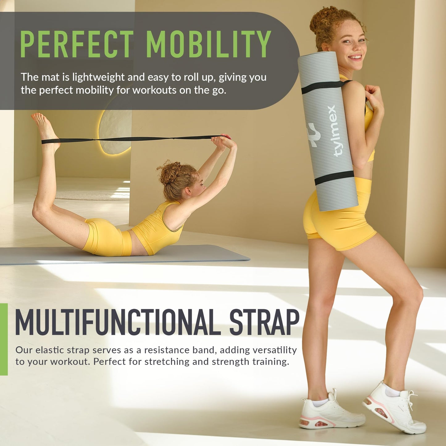 Tylmex non-slip yoga mat 8mm thick | Fitness, Pilates & gymnastics mat for home & outdoor | NBR sports mat with carrying strap & online exercise guide - Gray