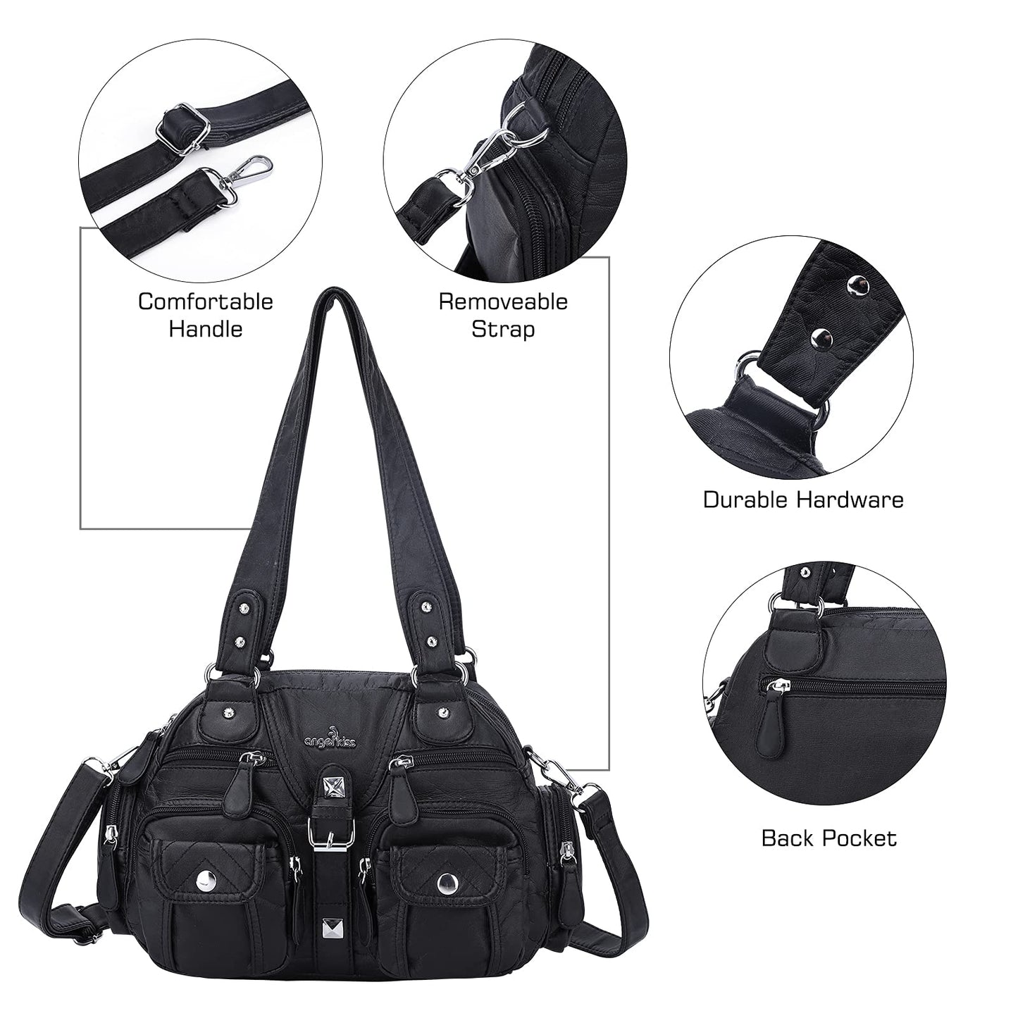 Angel Kiss women's handbag, shoulder bag, made of soft leather with zipper, elegant tote bag with 2 main compartments for office, school, shopping. Black.