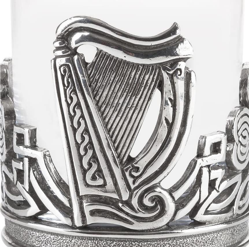 AE Williams whiskey glass with Irish Celtic shamrock and harp made of pewter.