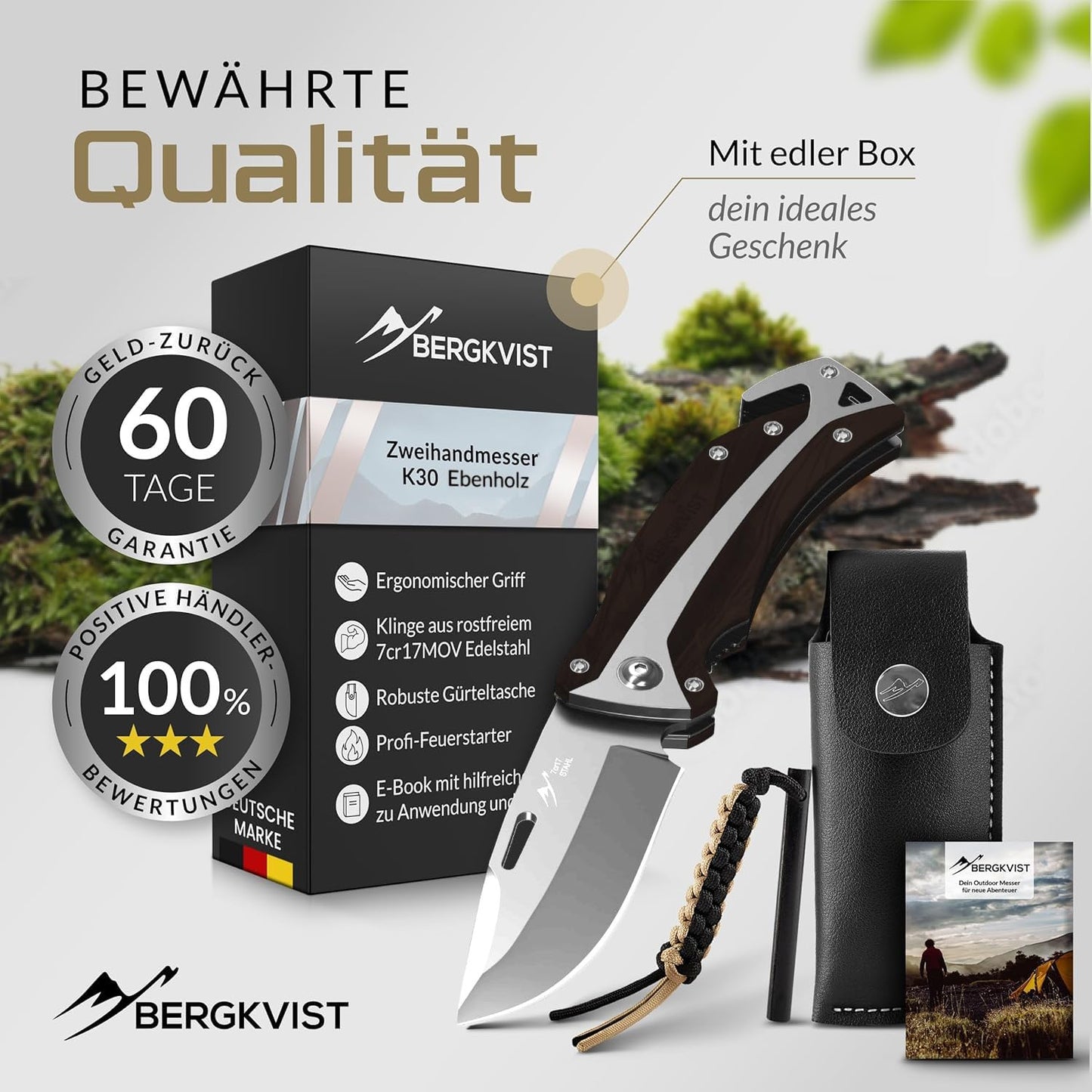 BERGKVIST® K30 Folding Knife (Two-Hand Knife) - Carry allowed in Germany - 3-in-1 pocket knife for outdoor, camping & survival with firesteel & belt pouch - Handle made of ebony