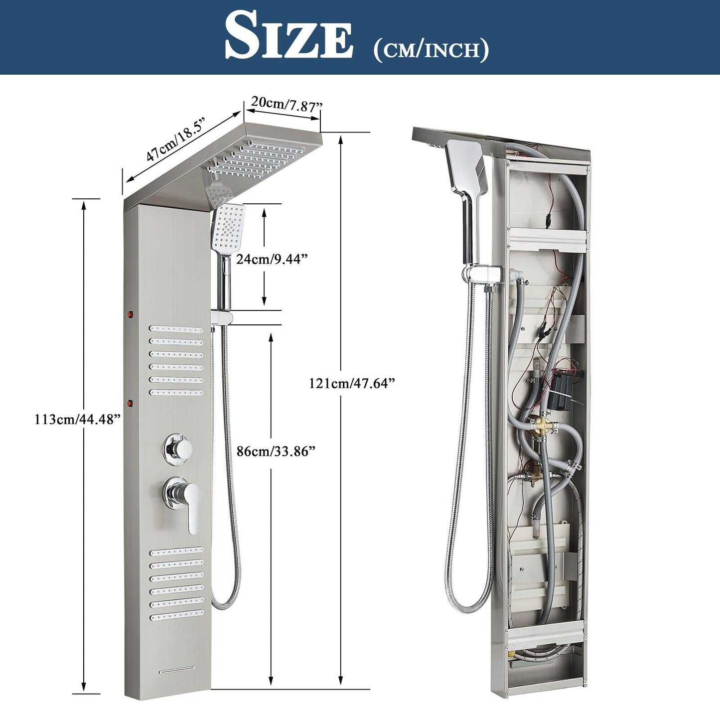 Shower panel with faucet, rain shower, bathtub faucet, shower column, shower system, shower set, brushed nickel LED stainless steel 304 with 4 shower functions.