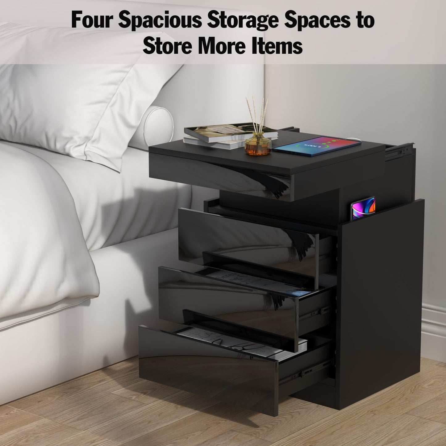 Lvhcmfohm Nightstand Black 2-Piece Set, Bedside Table with LED Light and Outlet, Nightstand with 3 Drawers and Hidden Sliding Cabinets for Living Room, Bedroom (45x40x67cm)