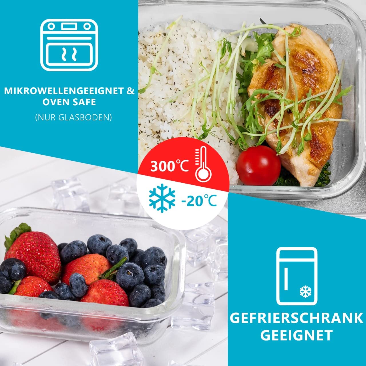Igluu Meal Prep Glass Food Storage Containers with BPA-free lid (10-pack) - microwave, oven, freezer, dishwasher safe, leak-proof - 370 & 1050 ml - durable borosilicate glass.