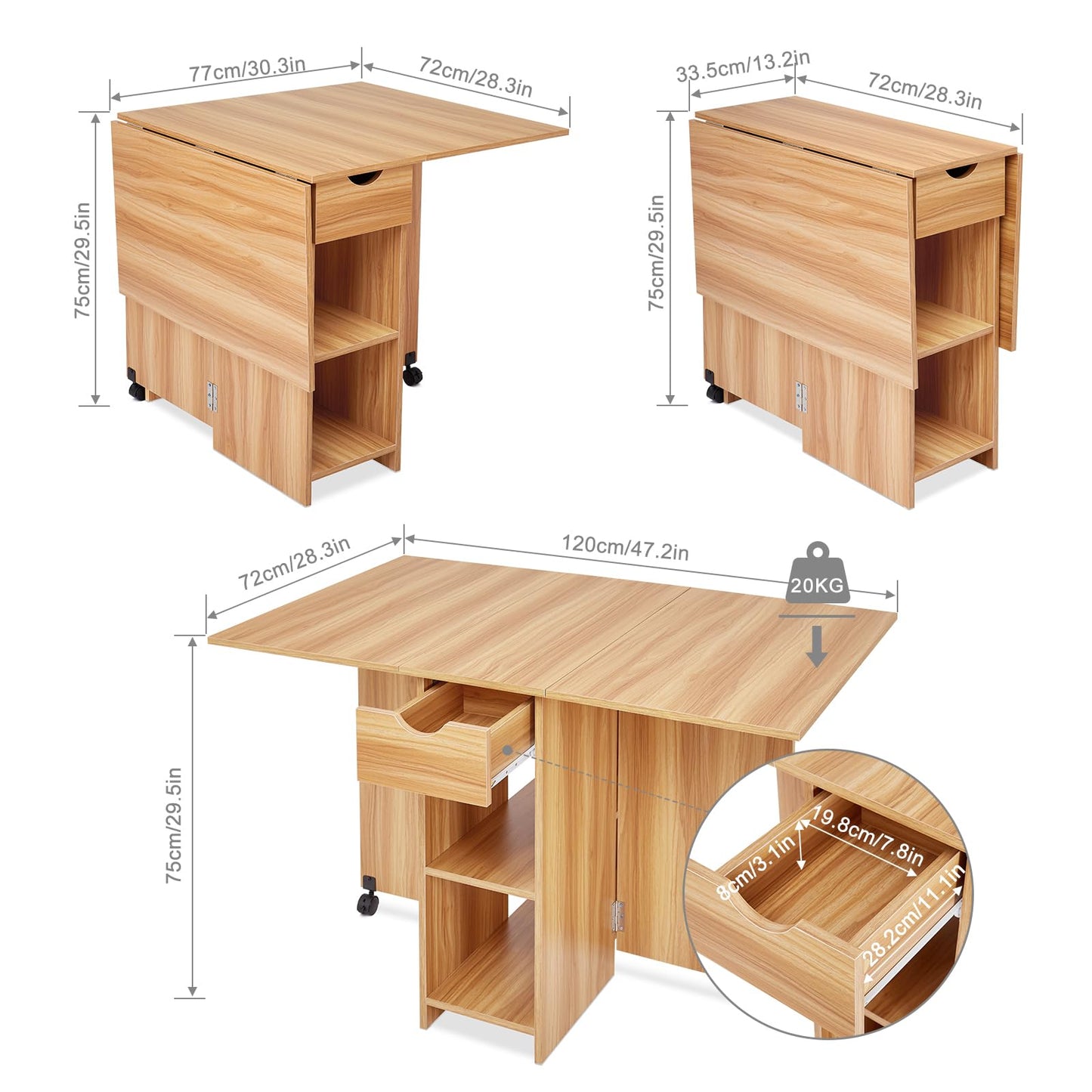 Mondeer Mobile Folding Table, Foldable Dining Table Suitable for Small Spaces with 1 drawer and 2 shelves for dining room and kitchen, 72 x 120 x 75 cm, Red Oak
