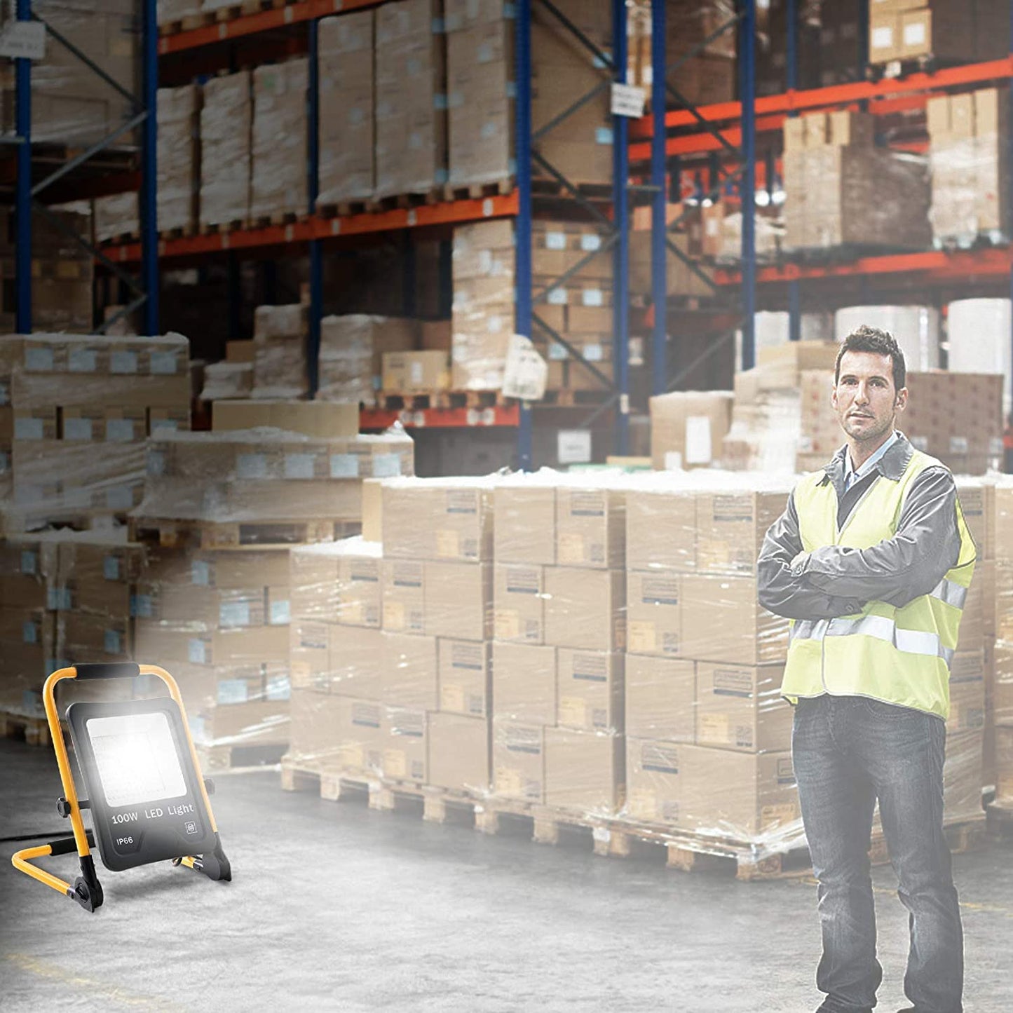 UISEBRT LED construction spotlight 100W cool white including stand and power cord - LED floodlight work light waterproof IP66 for indoor and outdoor use - garage, garden, sports field, construction site