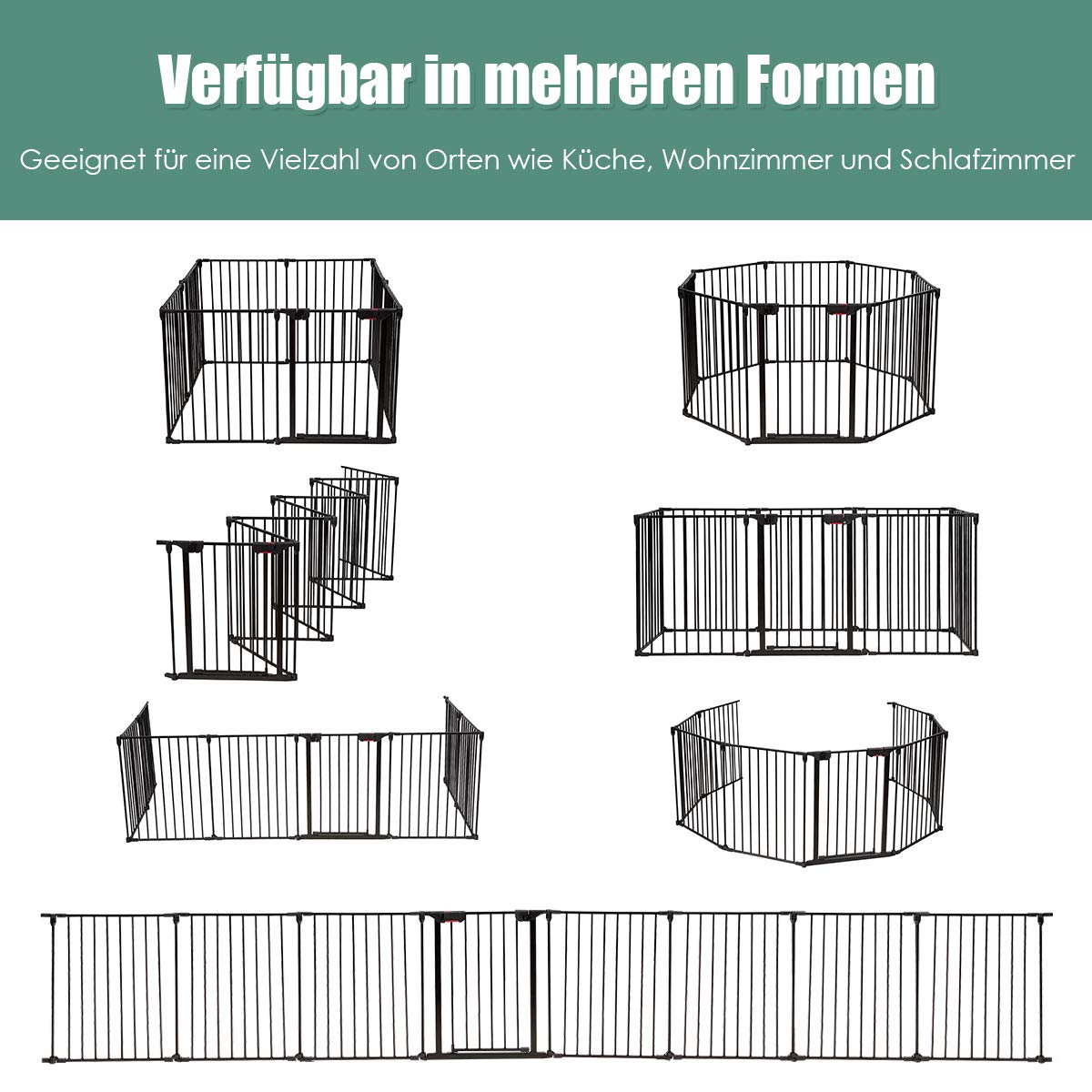 COSTWAY Baby Fireplace Safety Gate foldable, incl. 8 panels, 480 x 74 cm, playpen with safety door, fire guard with wall mounting, metal configuration gate, barrier gate (Black)