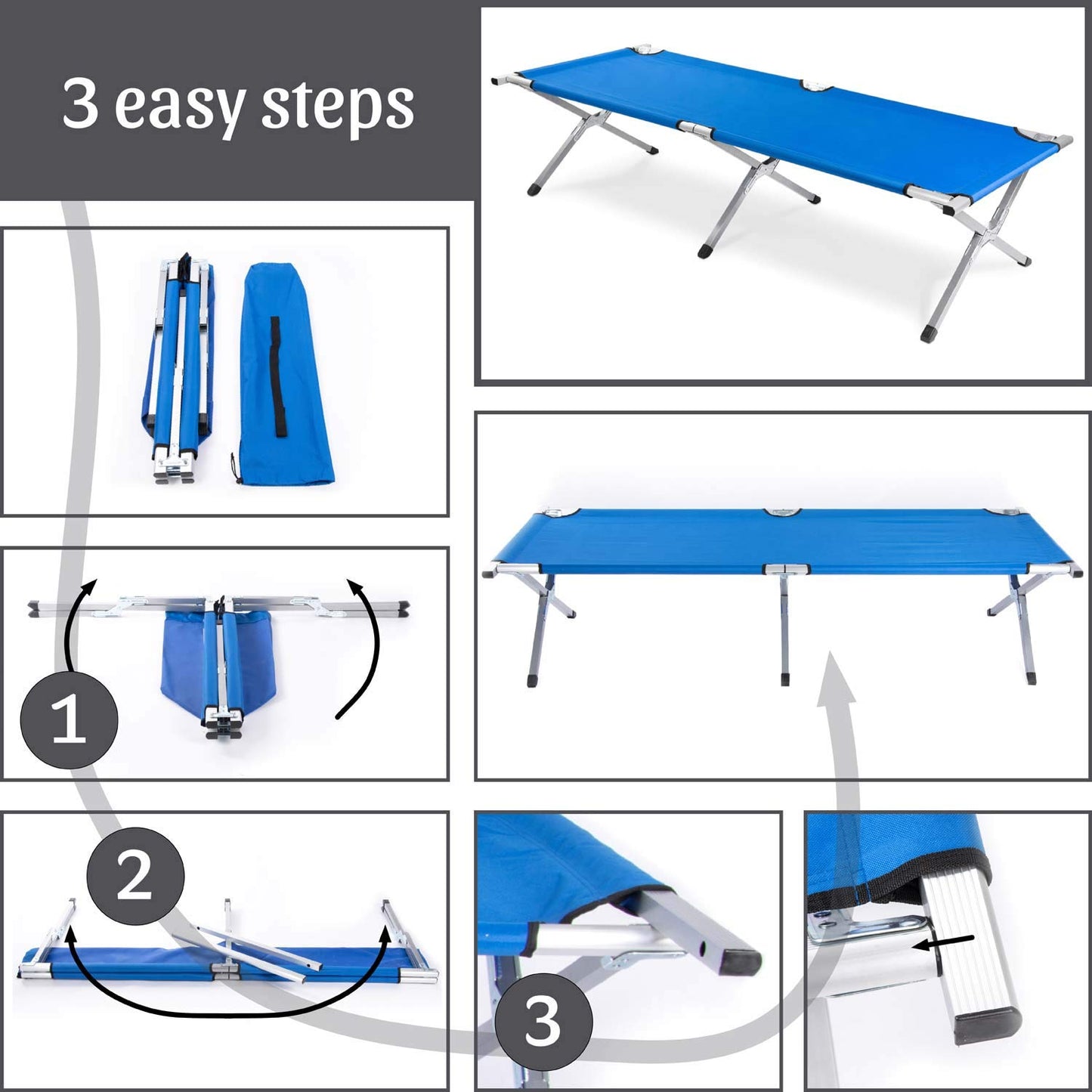 Foldable aluminum army field bed - folding camping bed & guest bed (Blue)