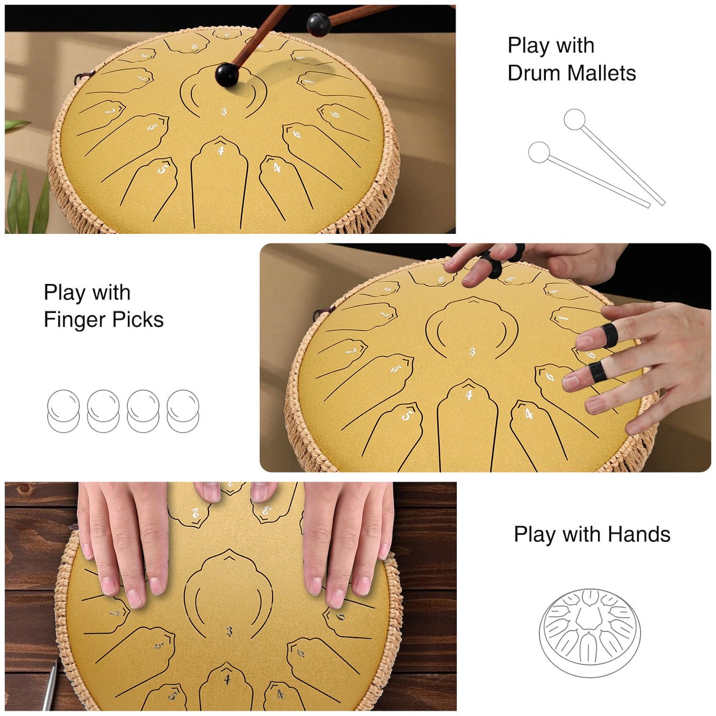 AMKOSKR Steel Tongue Drum, 14 inch 35 cm Steel Tongue Drum, C major 15 notes, Hand Drum HandPan Drum with Drumsticks/Carrying Bag (Gold)