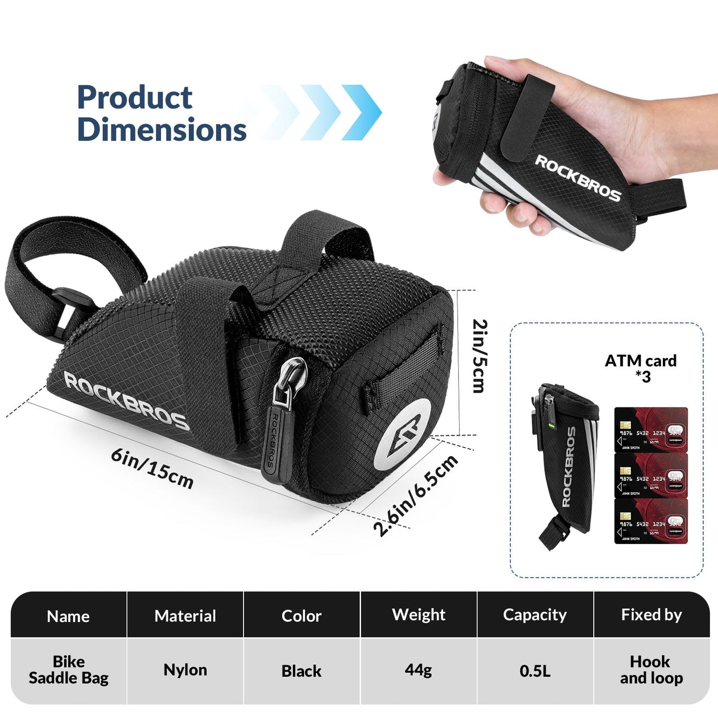 ROCKBROS Bicycle Saddle Bag Bike Seat Bag for MTB Road Bike Folding Bike 15*6.5*5CM* with mounting straps/bracket.