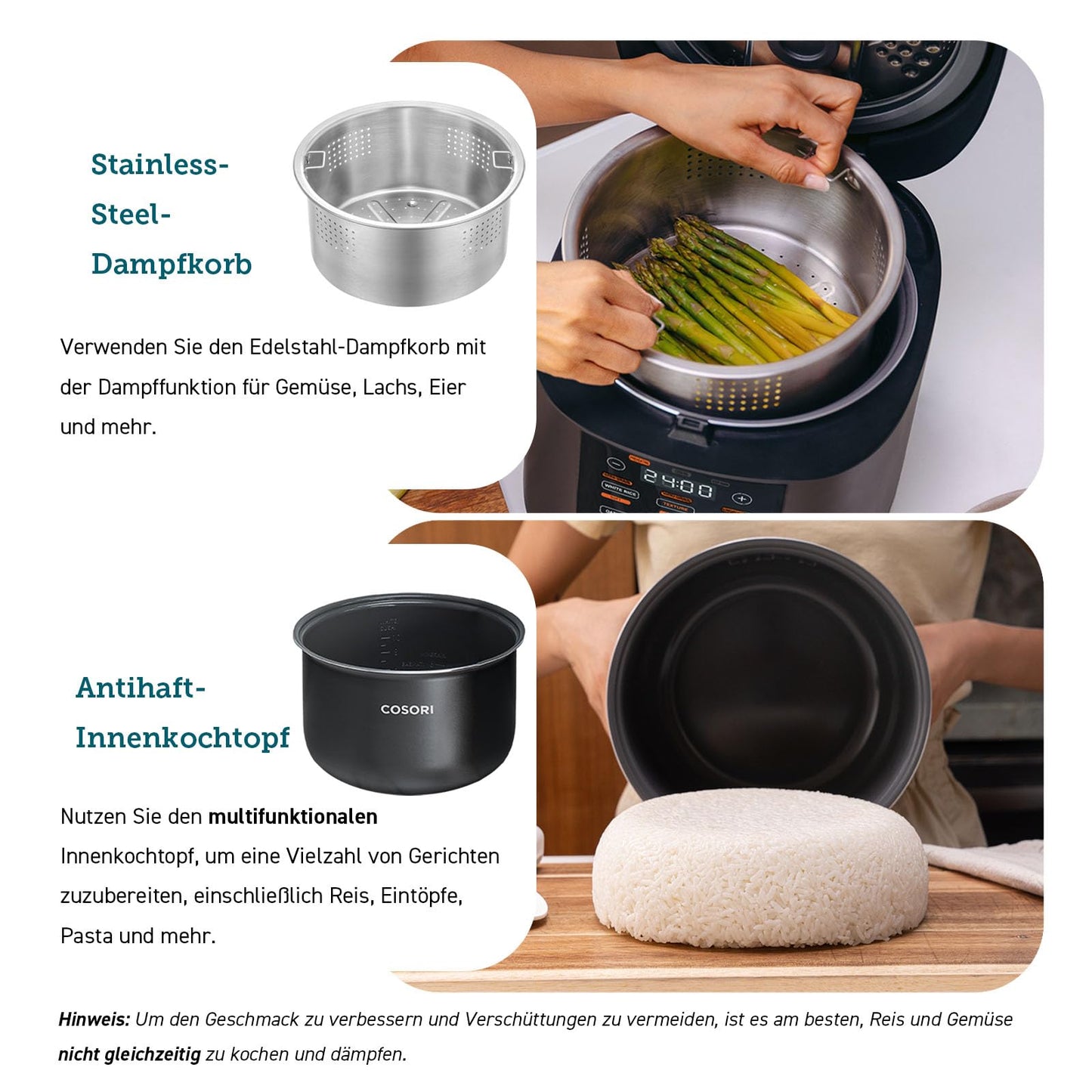 COSORI Rice Cooker, Multicooker with 17 programs, 5L Rice Cooker, Fuzzy Logic, Steamer with Stainless Steel Insert, Recipe Book, Slow Cooker, Premium Inner Pot, Keep Warm Function, Timer, Black