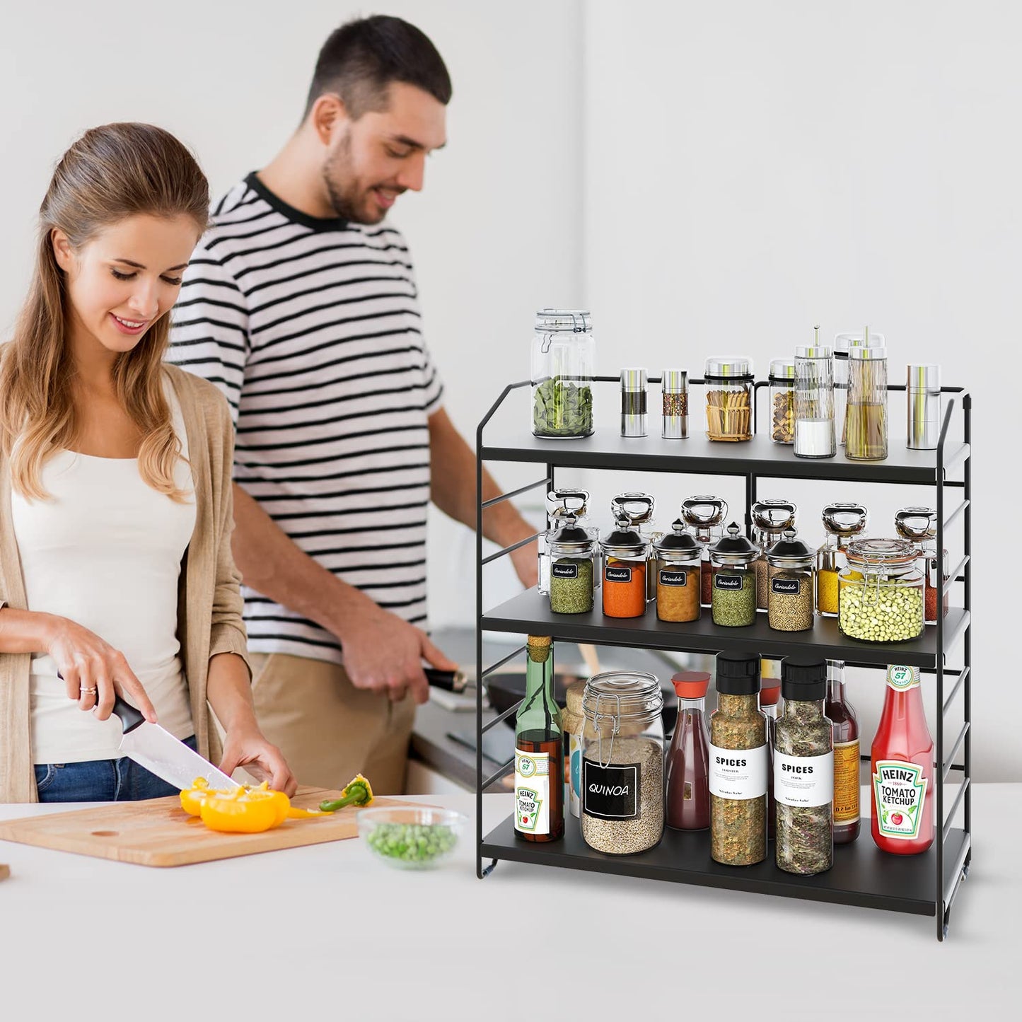 AIRUJIA metal spice rack, 3 levels adjustable kitchen shelf, desk organizer suitable for kitchen, bathroom, and bedroom, standing kitchen rack storage bathroom black.