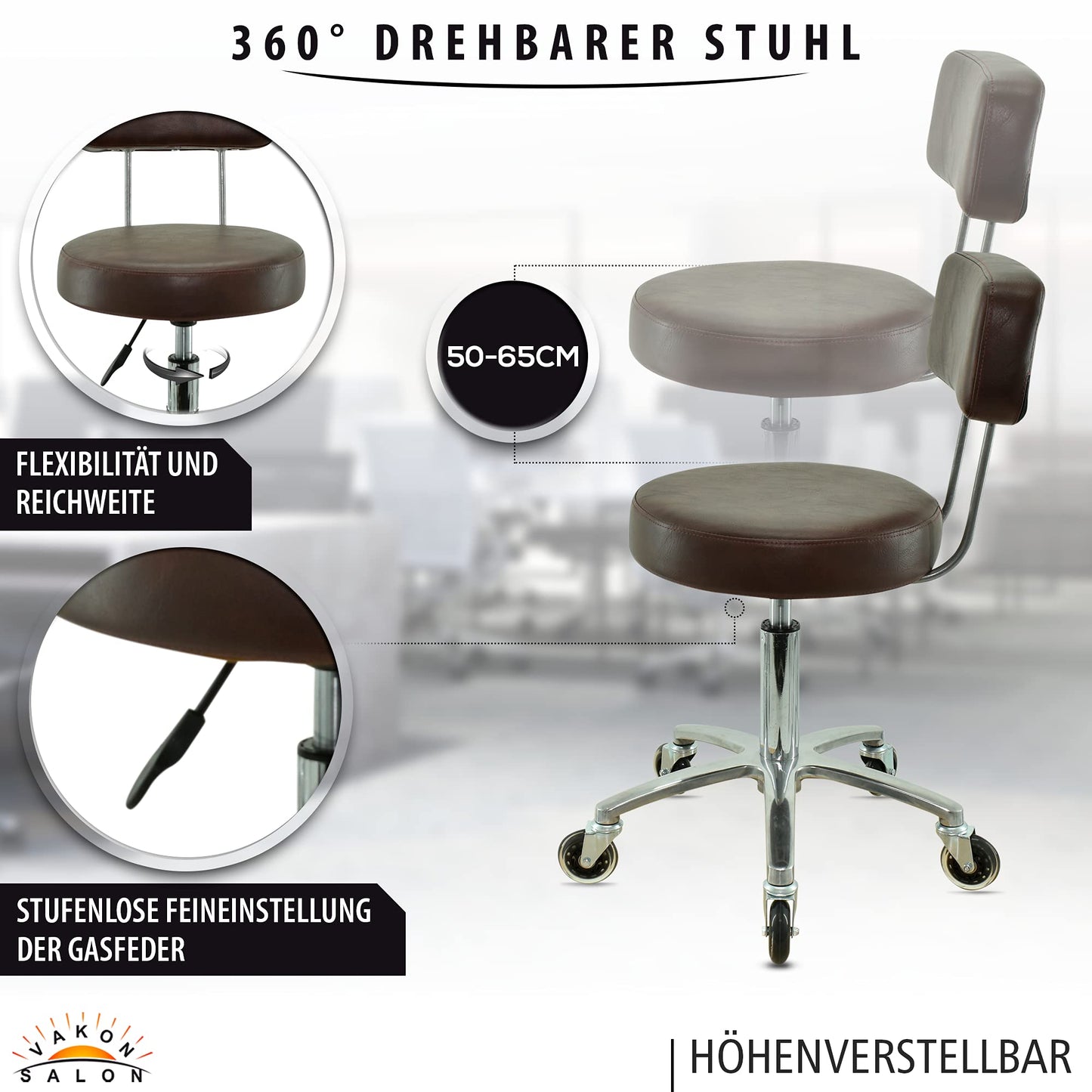 VAKON SALON - Premium rolling stool with backrest in brown - Adjustable height from 50 to 65 cm - Round seat - Swivel stool work stool practice stool.