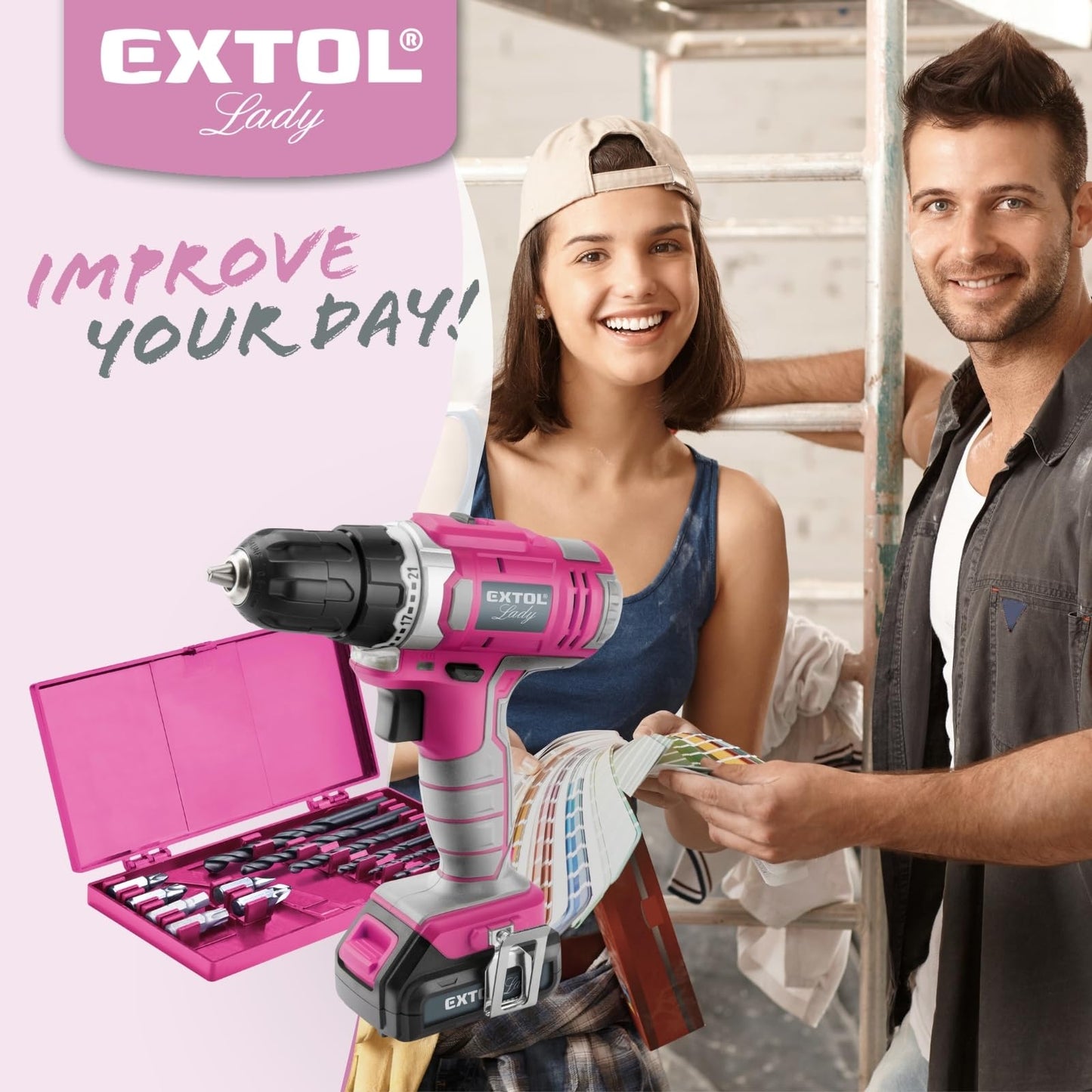 Praise Lady cordless drill for women I 12 Volt cordless screwdriver for women I Drill for wood, metal & plastic I Cordless drill with 12-piece bit & drill set + bag I Tool set Pink
