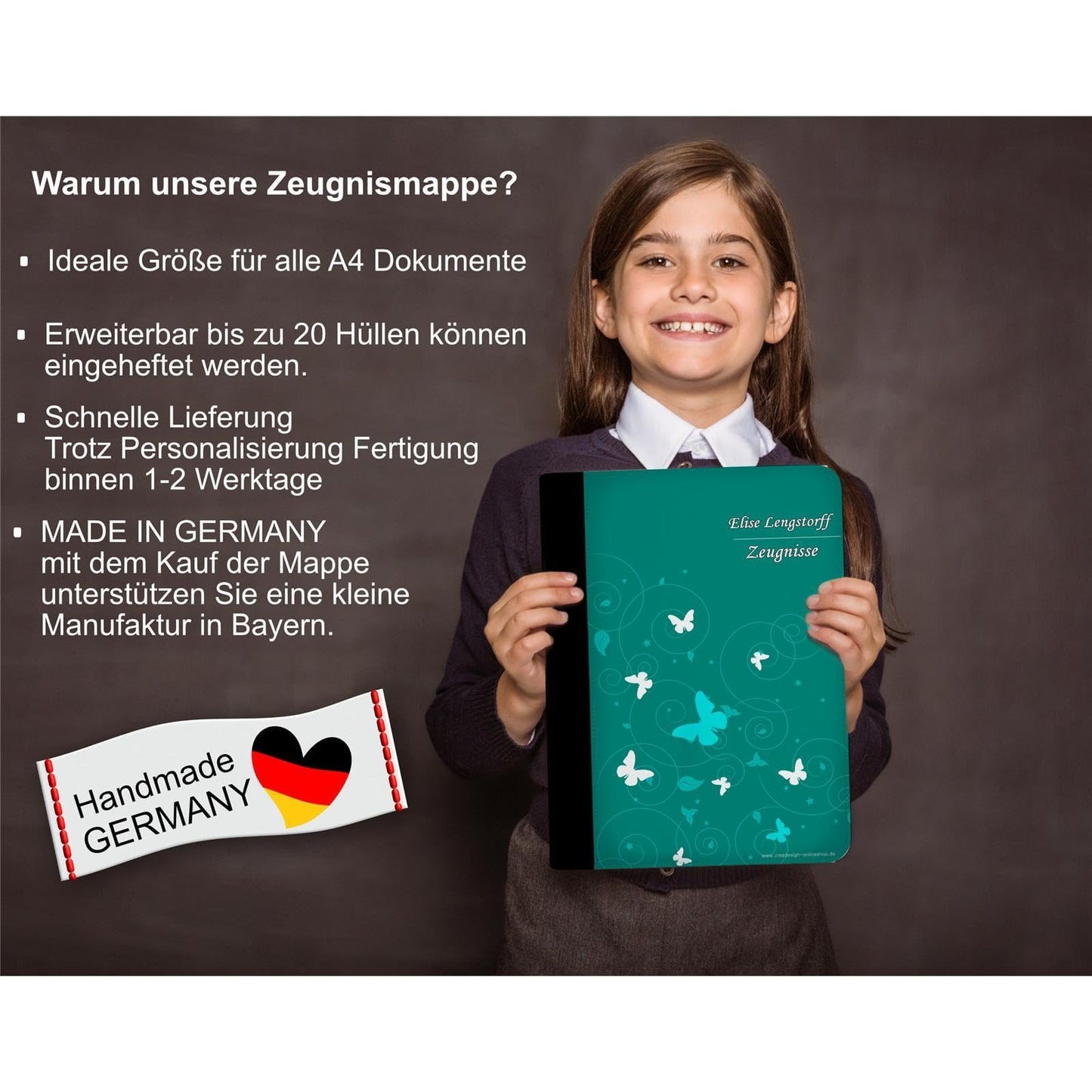 CreaDesign customizes A4 folder for kids 26.7x32.7x1 cm, with 10 clear pockets, expandable to 20, Butterfly Petrol design, document holder for students.