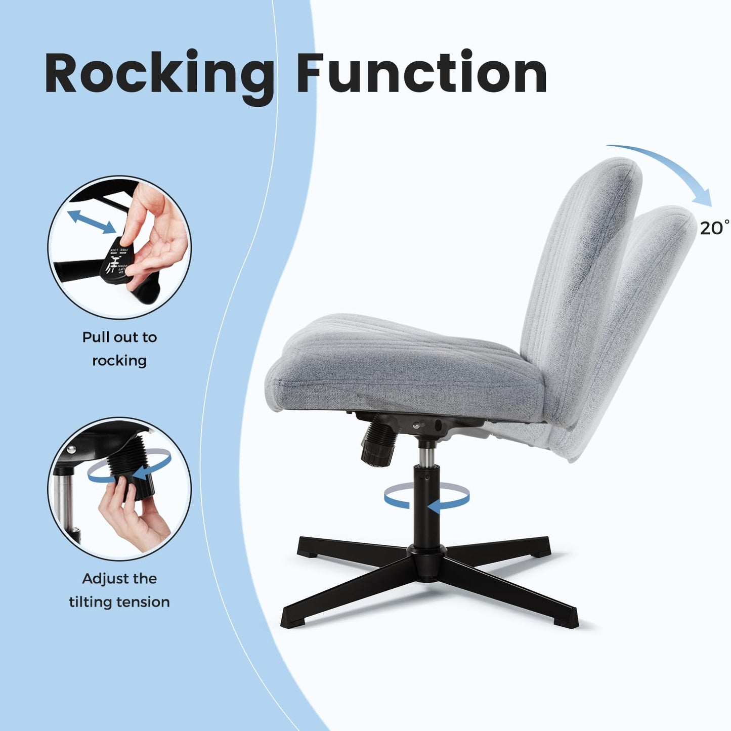IWMH office chair without armrests, wide and thick swivel chair with wheels, height adjustable desk chair with corduroy, ergonomic chair, reading chair for sitting cross-legged (Gray)
