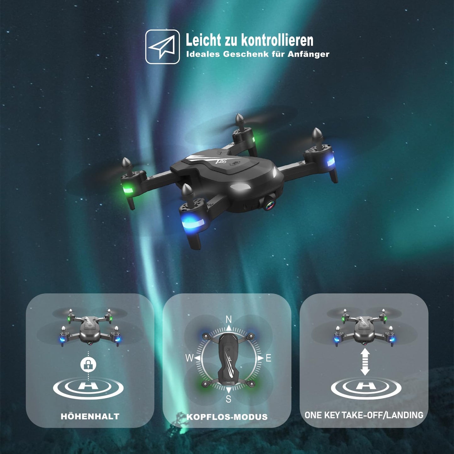 Wipkviey T26 Drone with Camera 1080P, RC Foldable FPV Quadcopter with 2 Batteries, 26-30 Mins Flight Time, 3D Flip, Gravity Sensor, Headless Mode, One-Key Takeoff/Landing