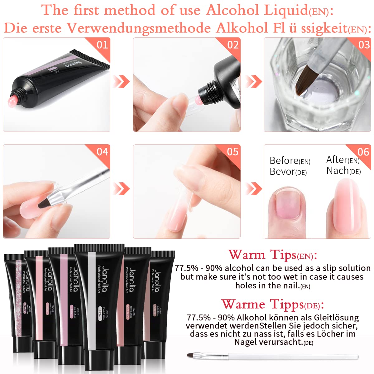 Janolia Nail Extension Kit for nails, Gel Builder Nails Starter Set for nail design with 15ml * 6 colors nail extension gel, base coat, top coat, very suitable for beginners.