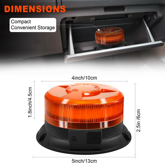 AnTom LED warning light with rechargeable battery, 9 flash patterns, 12V/24V, yellow, magnetic mount, includes car charger and USB cable, for cars, trucks, tractors, golf carts, and SUVs.