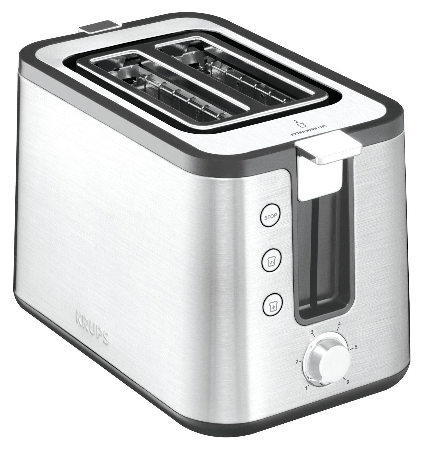 Krups KH442D Control Line Premium Toaster, stainless steel, 2 short slots for 2 slices, bun warmer, 6 browning levels, 850 W, 23.6 x 32.4 x 20.2 cm, silver/black.