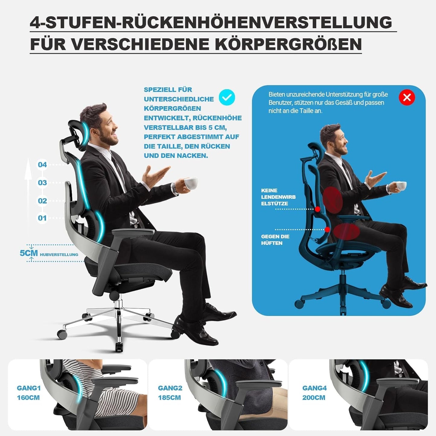 MELOKEA Office Chair 200KG for back pain, with dynamic lumbar support, 4D armrests, adjustable backrest height, adjustable seat depth, EN 1335 Ergonomic Office Chair in Black.
