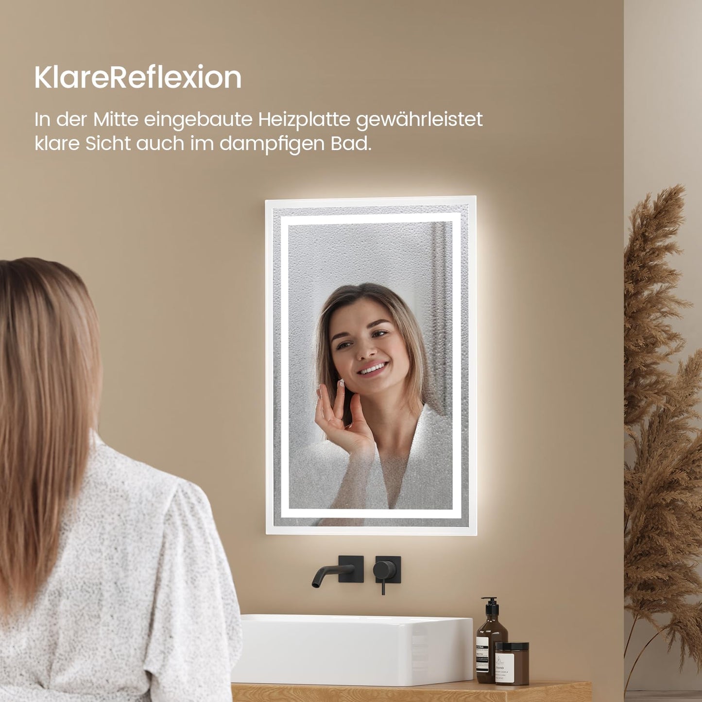EMKE LED bathroom mirror with lighting 40x60cm. Anti-fog, cold and warm white light options. High-quality aluminum frame with IP44 rating. Energy-efficient with touch button switch.