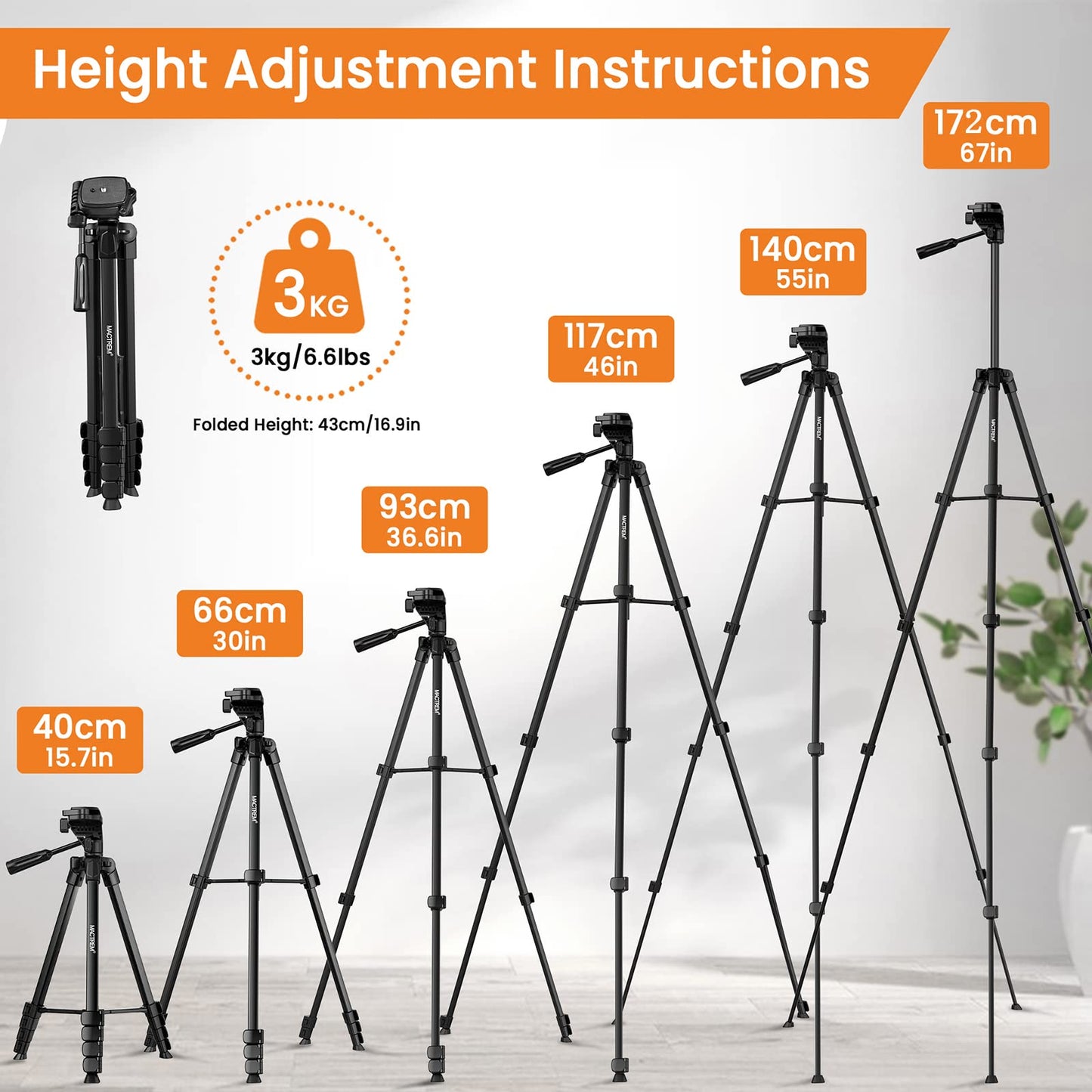 Mobile Tripod, Upgrade 172cm/67inch Camera Tripod for Smartphone iPad with Phone Holder and Remote Control, Lightweight Tripod Stand for iPhone/Samsung/Huawei/Ringlight