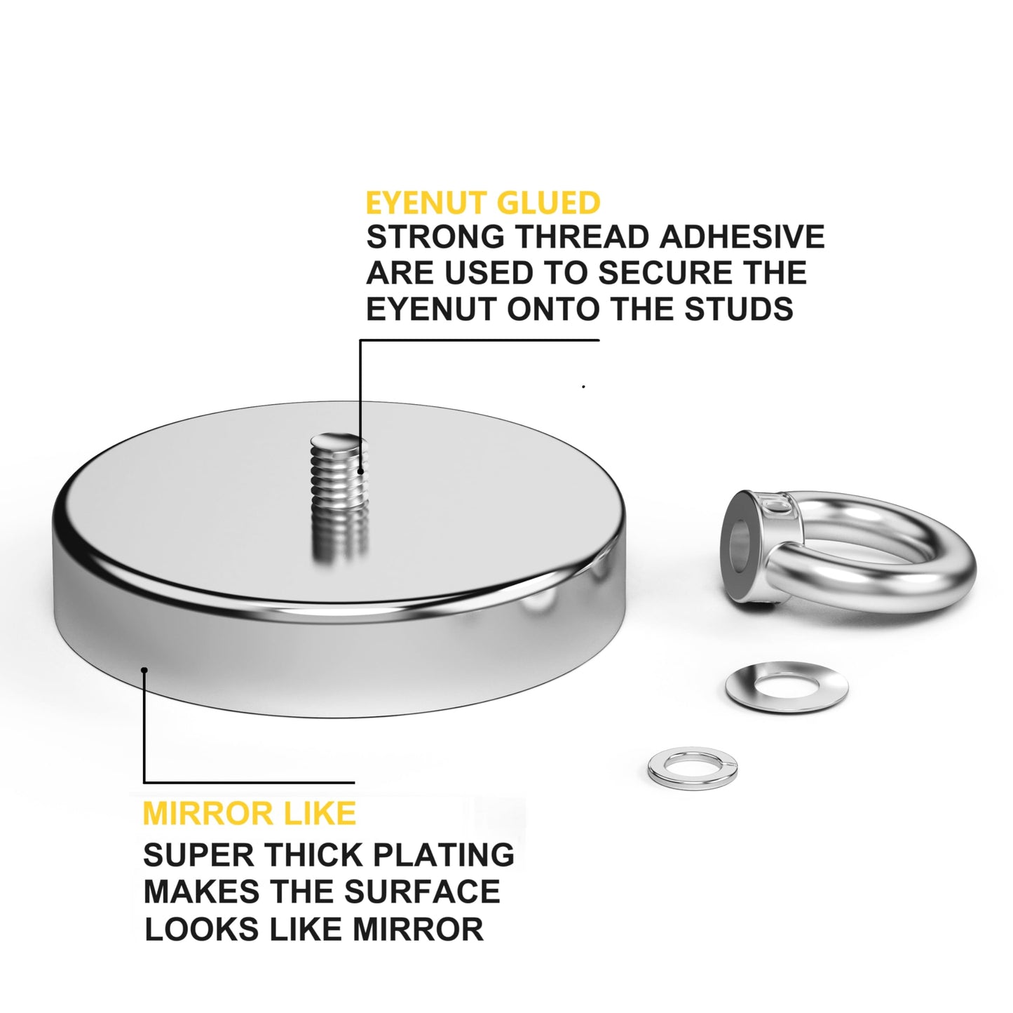 Magnetpro fishing magnet with over 420 kg pulling force. Super strong neodymium magnets, heavy-duty rare earth magnets with eye bolt, 90 mm diameter for magnet fishing, hunting, retrieving in rivers.
