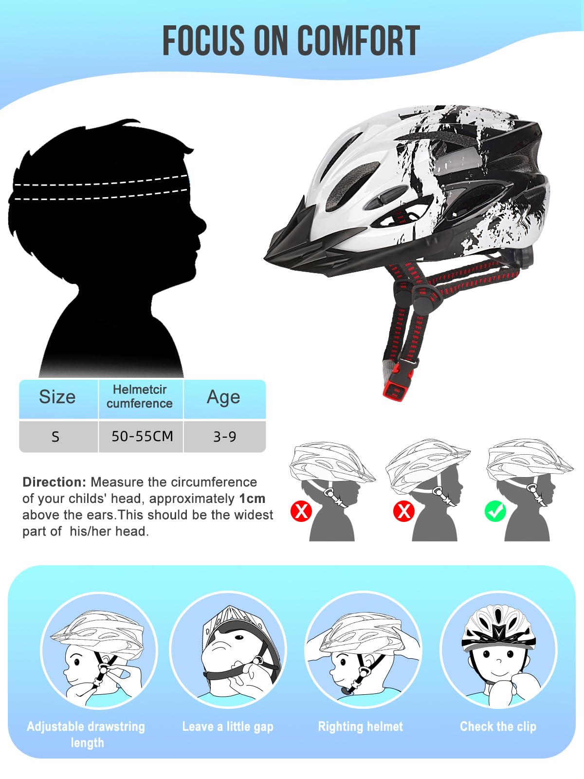 Kids bike helmet, Adjustable helmet for boys and girls aged 3-15, Multi-sport helmet (50-59cm), Safety helmet for biking, scooting, skating (White, S: 50-55cm)