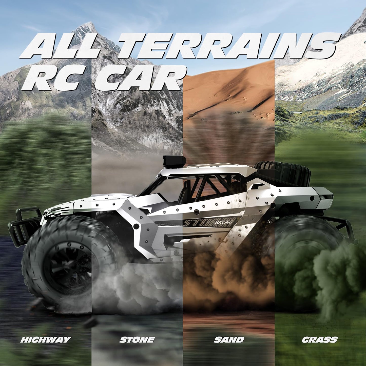 Tecnock Remote Control Car 1:16 with headlights and chassis lights, All Terrain Off Road RC Monster Truck 2.4GHz Toy, 2 batteries for 60 min runtime - Gift for adults and kids.