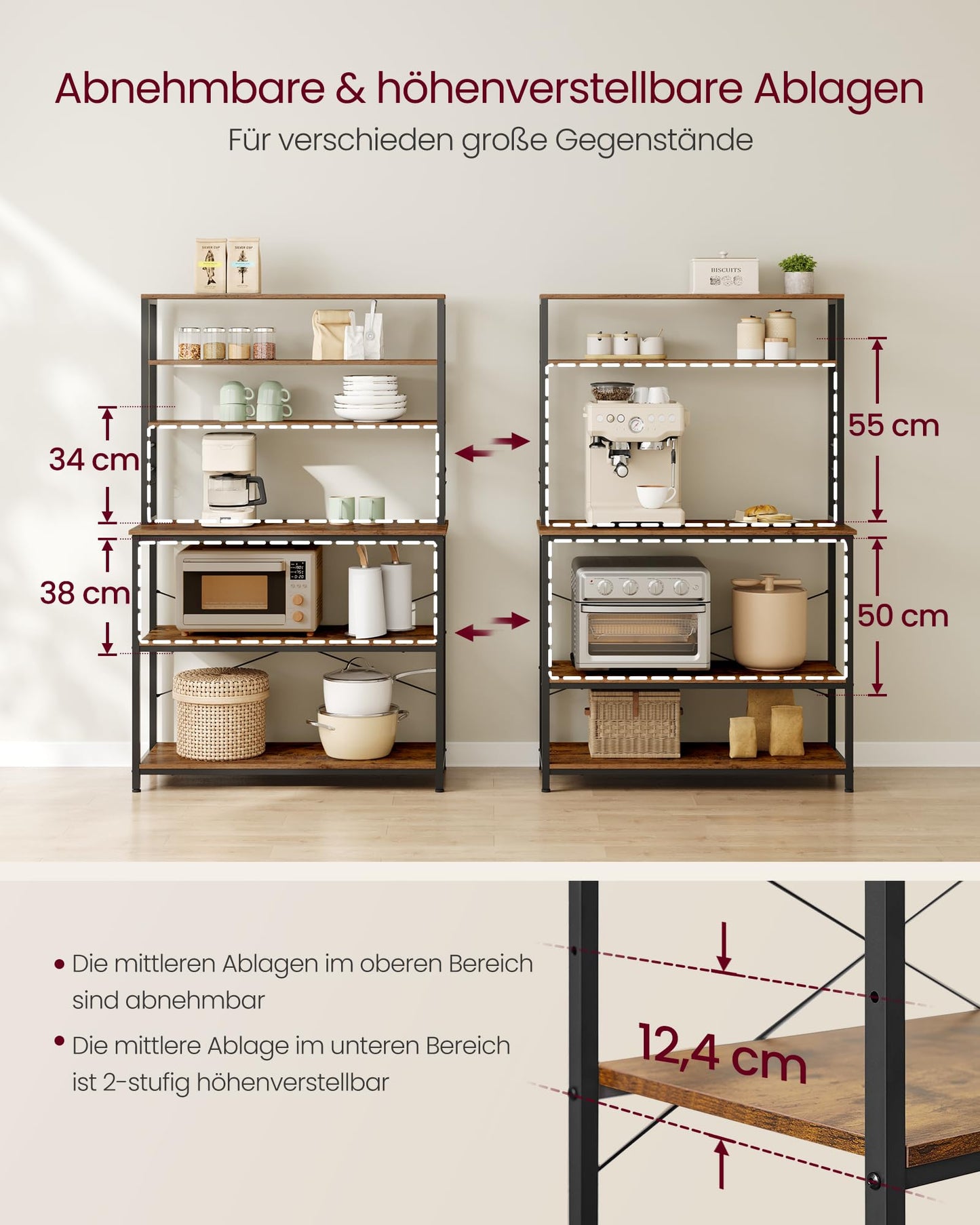 VASAGLE Kitchen Shelf, shelving unit, microwave shelf, standing, 6 shelves, 6 hooks, steel frame, industrial design, 40 x 100 x 167 cm, vintage brown-ink black KKS039K01