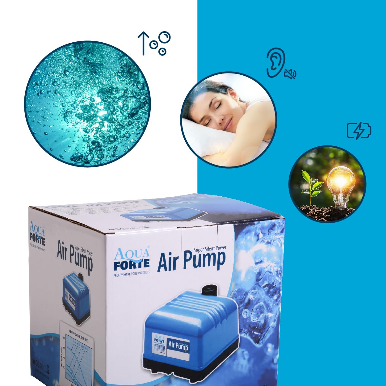 AquaForte Hi-Flow V-20 aluminum casing air pump, 15 watts, 3 liters per minute, max pond capacity 12 m3, DC powered.