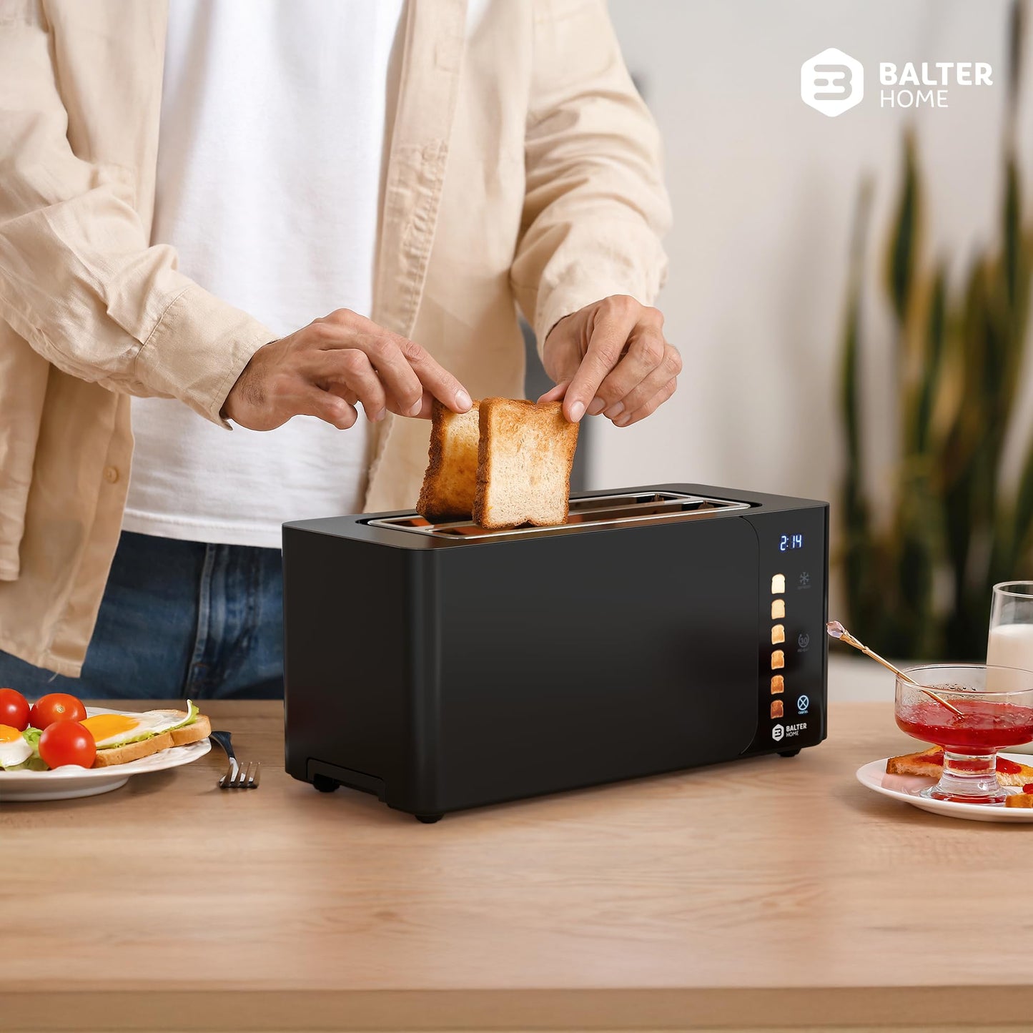 Balter 4-Slice Toaster, Touch Control, Long Slot, Stainless Steel, Bun Warmer, LCD Display, Defrost Function, Bread Centering, TS-44 Matte Black