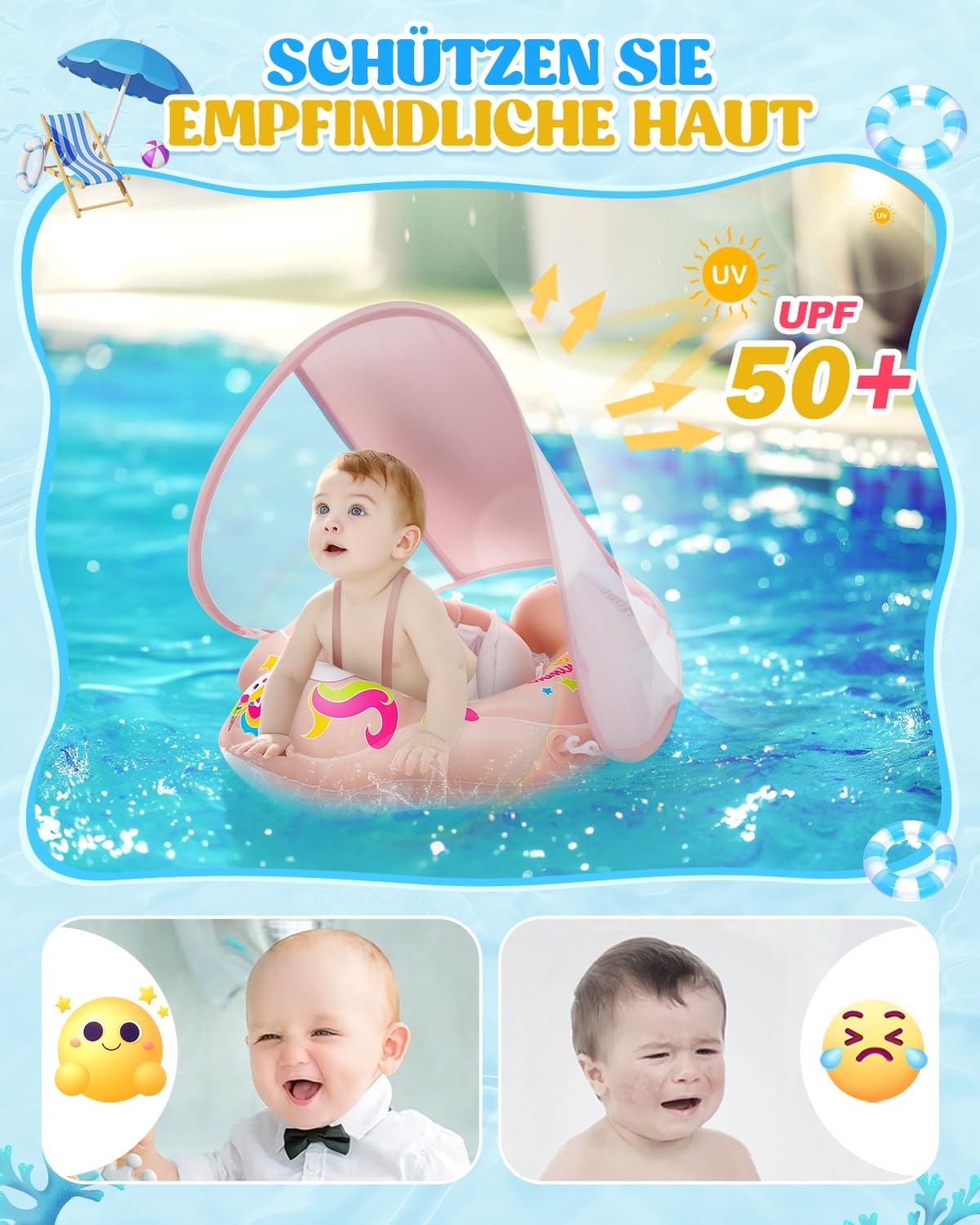 Baby swim ring with UPF50+ sun canopy, removable inflatable swim seat swim trainer, adjustable safety seat, baby swim aid for 3-36 months.