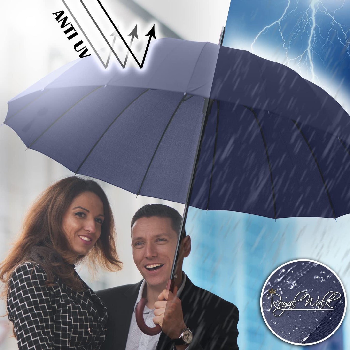 Royal Walk Large XXL 54 inch Automatic Travel Golf Umbrella for Men and Women Stormproof Windproof Lightweight Classic for 2 People Wooden Handle Water Repellent 16 Ribs Unisex 120cm