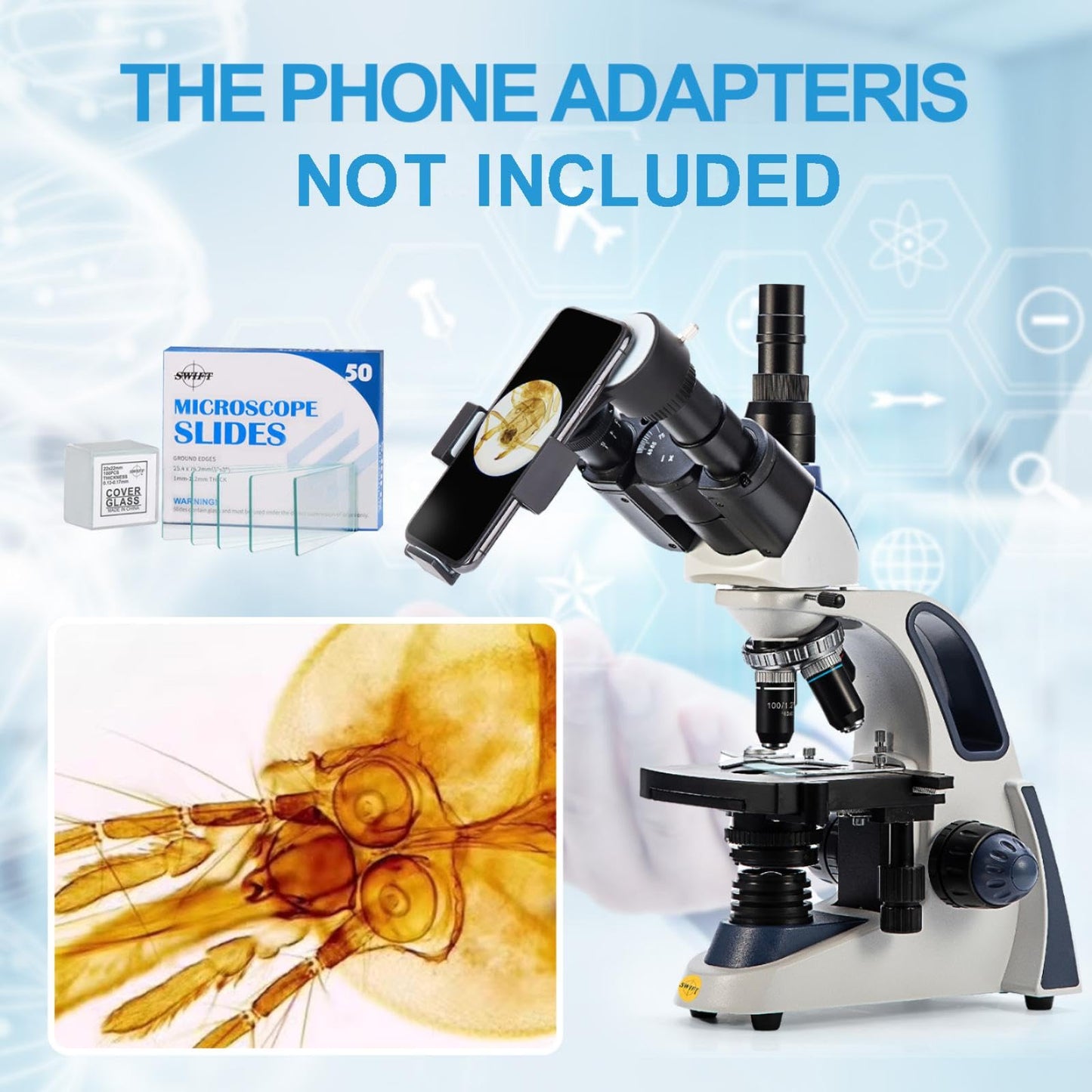 SWIFT Trinocular Microscope SW380T, 40x to 2500x magnification, Siedentopf head, dual-layer mechanical stage, with 5.0MP camera and software, and 100 blank slides