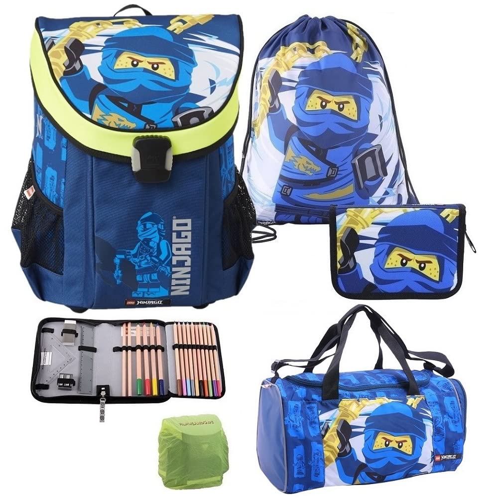 Familando Lego Ninjago backpack set 5 pieces. Easy school bag Jay with filled pencil case, gym bag, rain cover, and large sports bag Blue Ninja Jay.