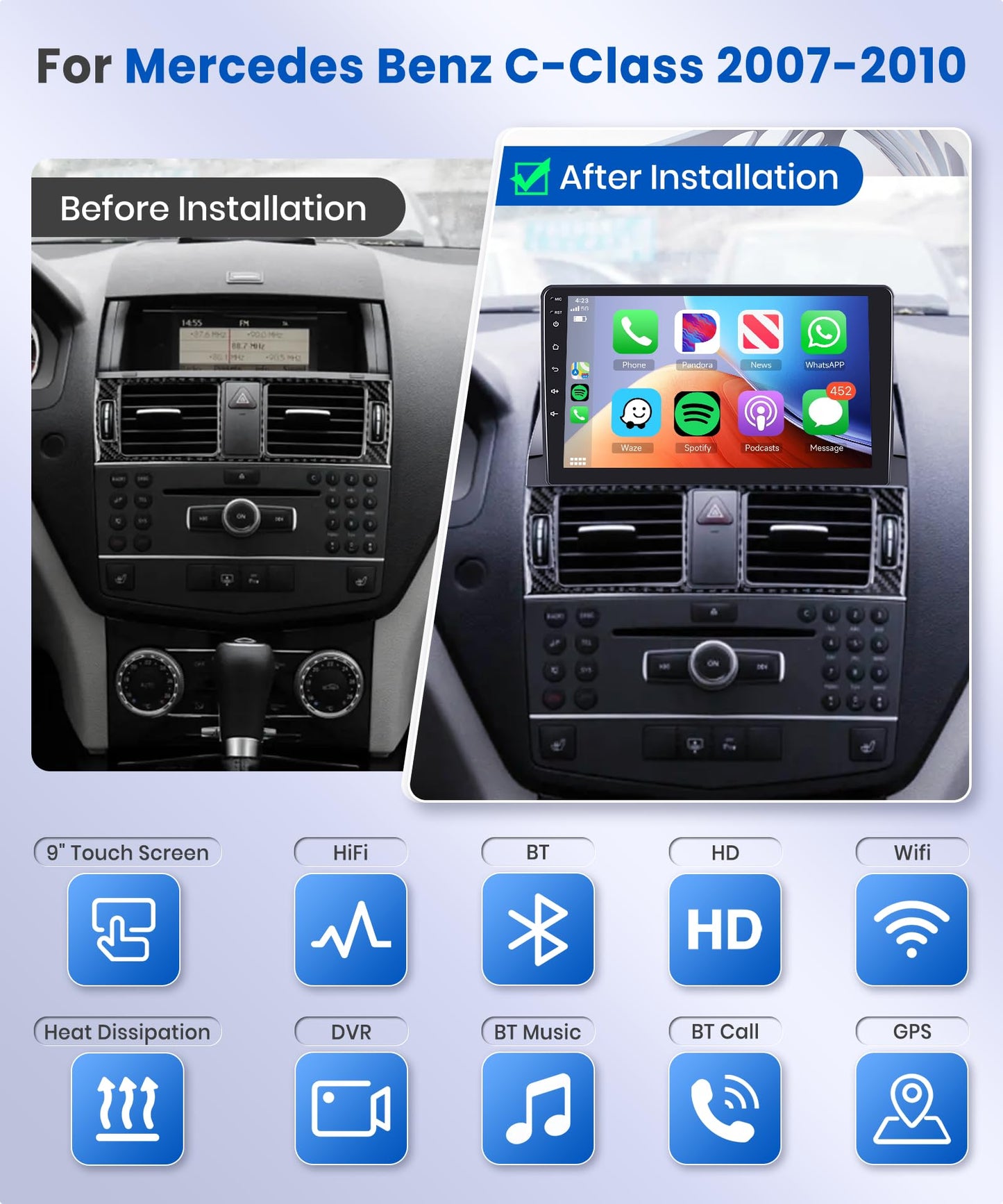 2+64G Podofo 9" Car Stereo for Mercedes C-Class W204 S204 2007-2014 Android 13 Carplay Wireless HI FI Bluetooth with Touchscreen Navi Bluetooth RDS/FM Radio DVR+AHD Backup Camera