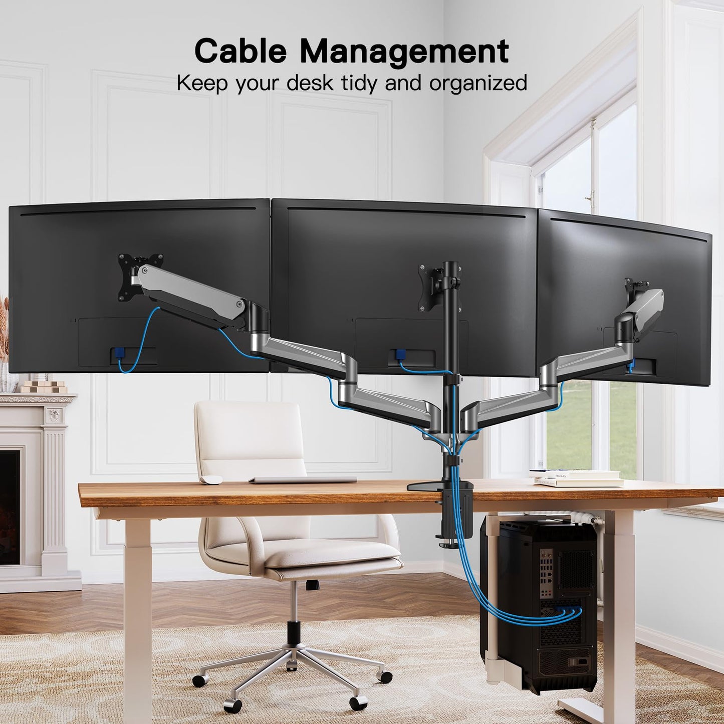 HUANUO Triple Monitor Stand for 17-32 inch screens, Adjustable Height Triple Monitor Mount, Holds up to 8kg per arm.