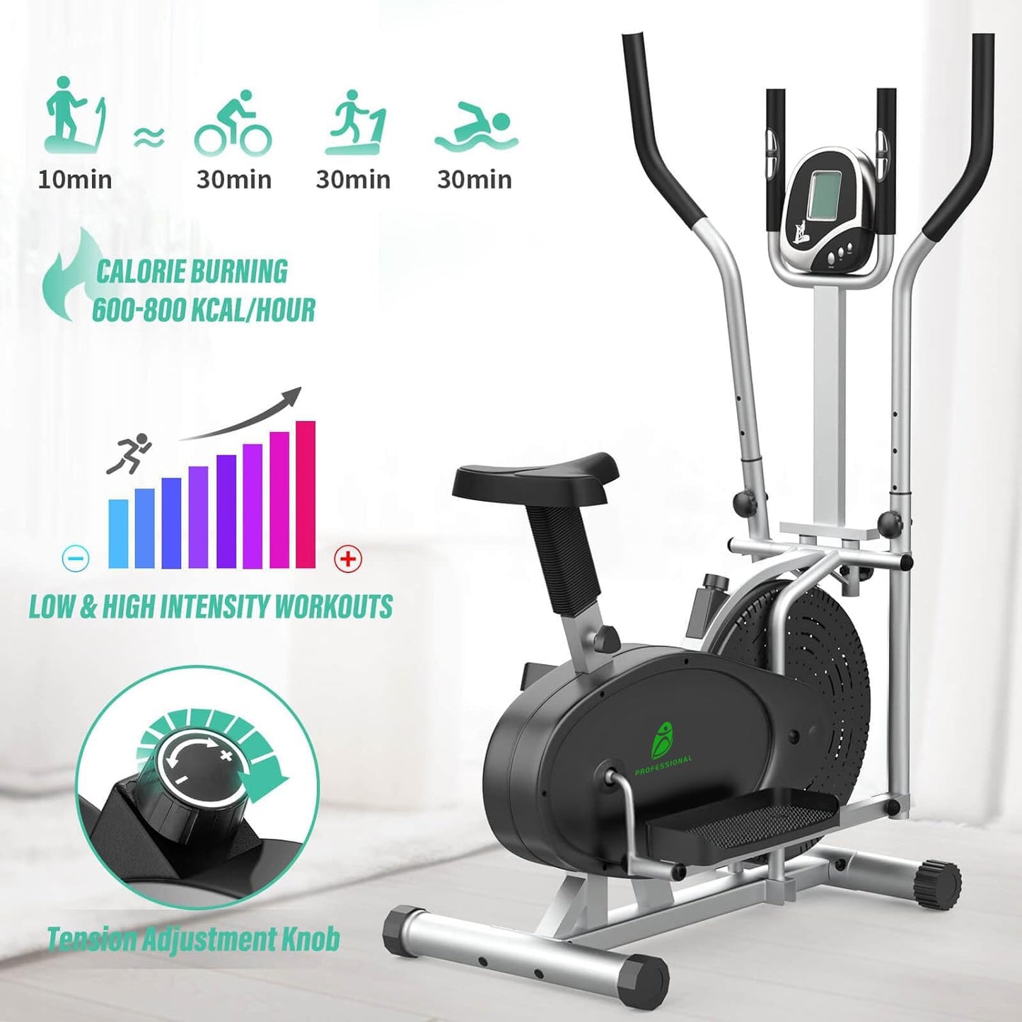 Home Cross Trainer Neezee Crosstrainer Pro 2-in-1 Elliptical Trainer with magnetic resistance, seat, smart LCD display, easy storage, transport wheels up to 120 kg (Silver)