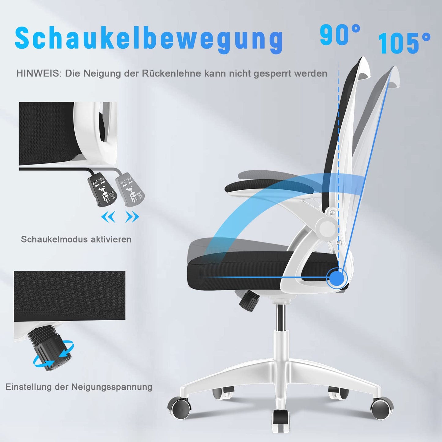 Rattan office chair with foldable armrests, ergonomic desk chair with lumbar support, height adjustable, space-saving, swivel chair for the office.