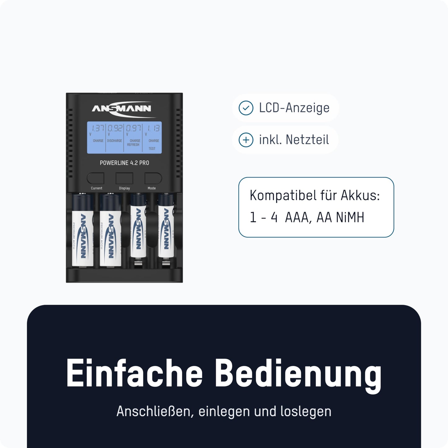 ANSMANN Battery Charger Powerline 4.2 Pro - Charger for AA and AAA batteries, LCD display, individual charging slots, safety protection.
