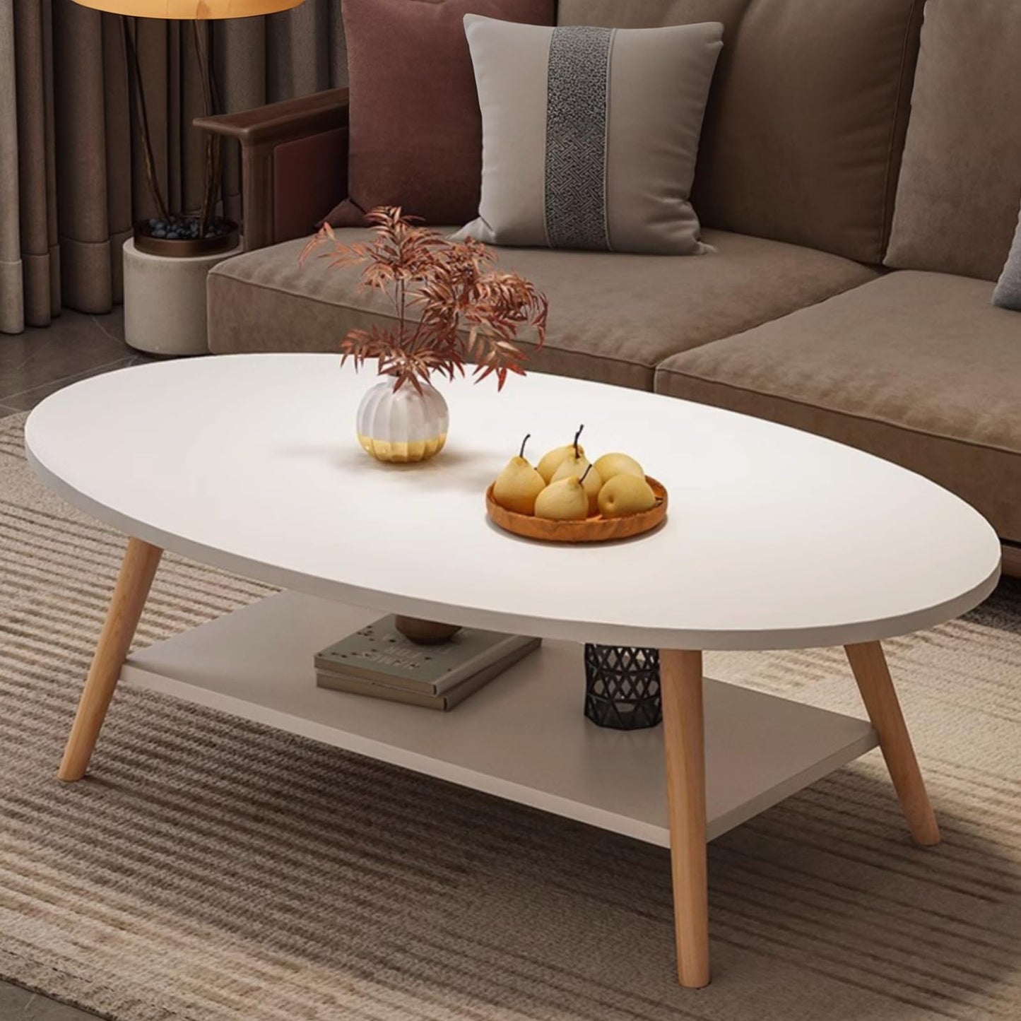Anmas Power Double Layer Coffee Table, White Side Tables Wood, Oval Living Room Table, Pine Wood Table Legs, Sofa Tables (80 * 40 * 40)