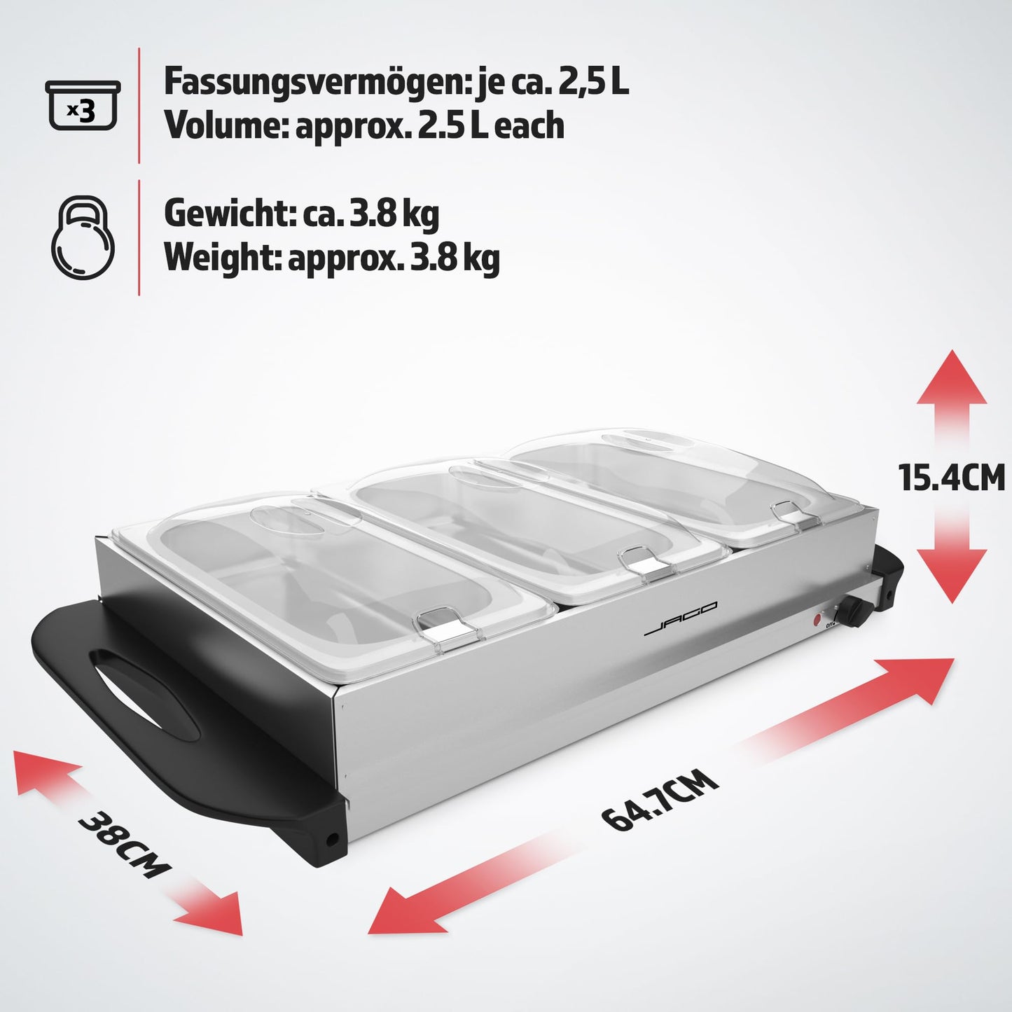 Jago® Buffet warmer - electric, with hot plate function, temperature control, stainless steel - food warmer, dish warmer, warming plate, warming container.