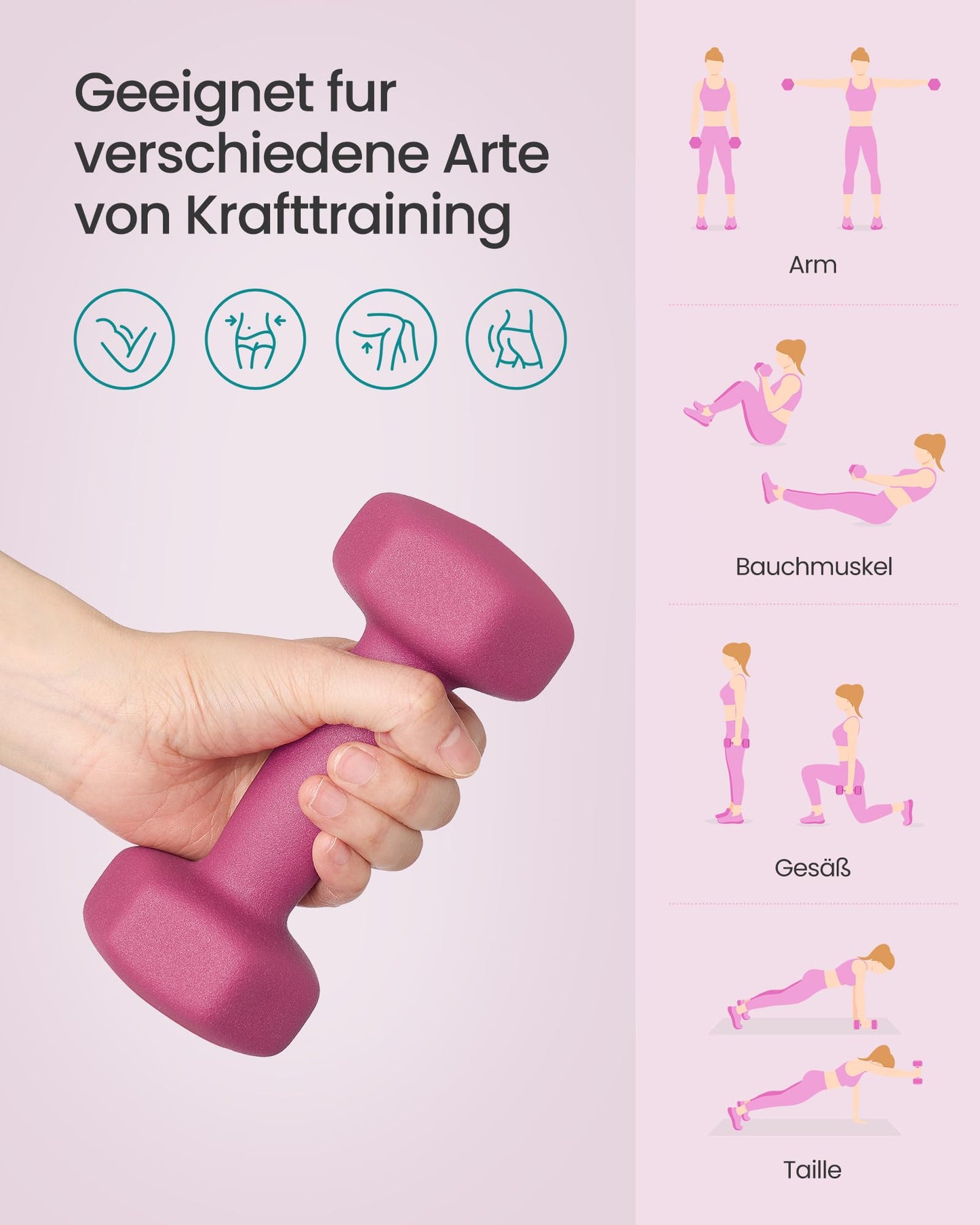 SONGMICS Dumbbell Set, Hexagon, with Dumbbell Stand, 2 x 1 kg, 2 x 1.5 kg, 2 x 2 kg, matte finish, Neoprene coating, strength training, at home, lime green, yellow, pink, and purple SYL609B02