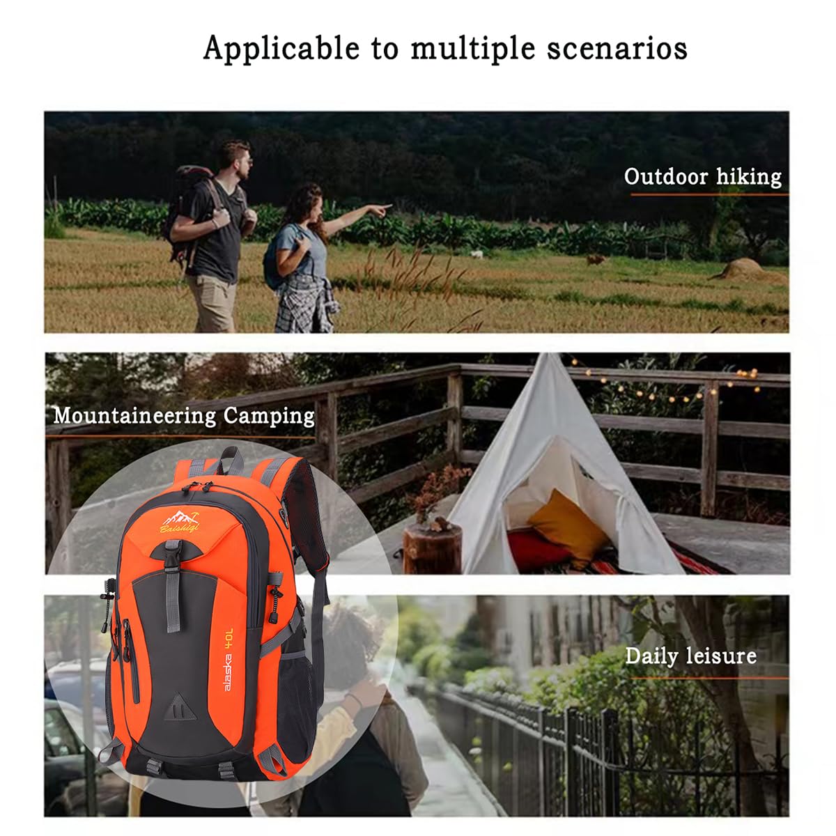 Nircho Backpack Men Women 40L Waterproof Backpack Lightweight Large Travel Backpack, Outdoor Backpack with Reflective Stripes for Hiking, Cycling, Climbing, Mountaineering, and Traveling Sports (Orange)