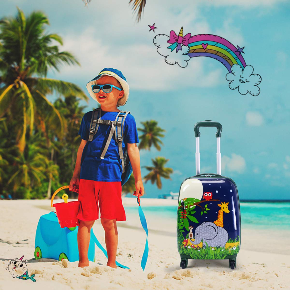GOPLUS Kids Suitcase with Backpack, Kids Trolley, Children's Luggage with Wheels, Travel Suitcase with Telescopic Handle, Hard Shell Suitcase for Kids, Children's Trolley Color Choice (Elephant, 12"+16")