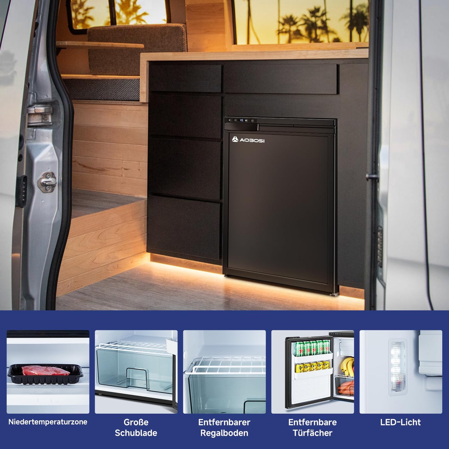 AAOBOSI 65L Compressor Cooler, RV Fridge with APP Control, 12/24V DC, Car Cooler with LED Lights, up to -20℃ Compressor fridge for Car, Truck, Boat, RV, Camping and Travel.