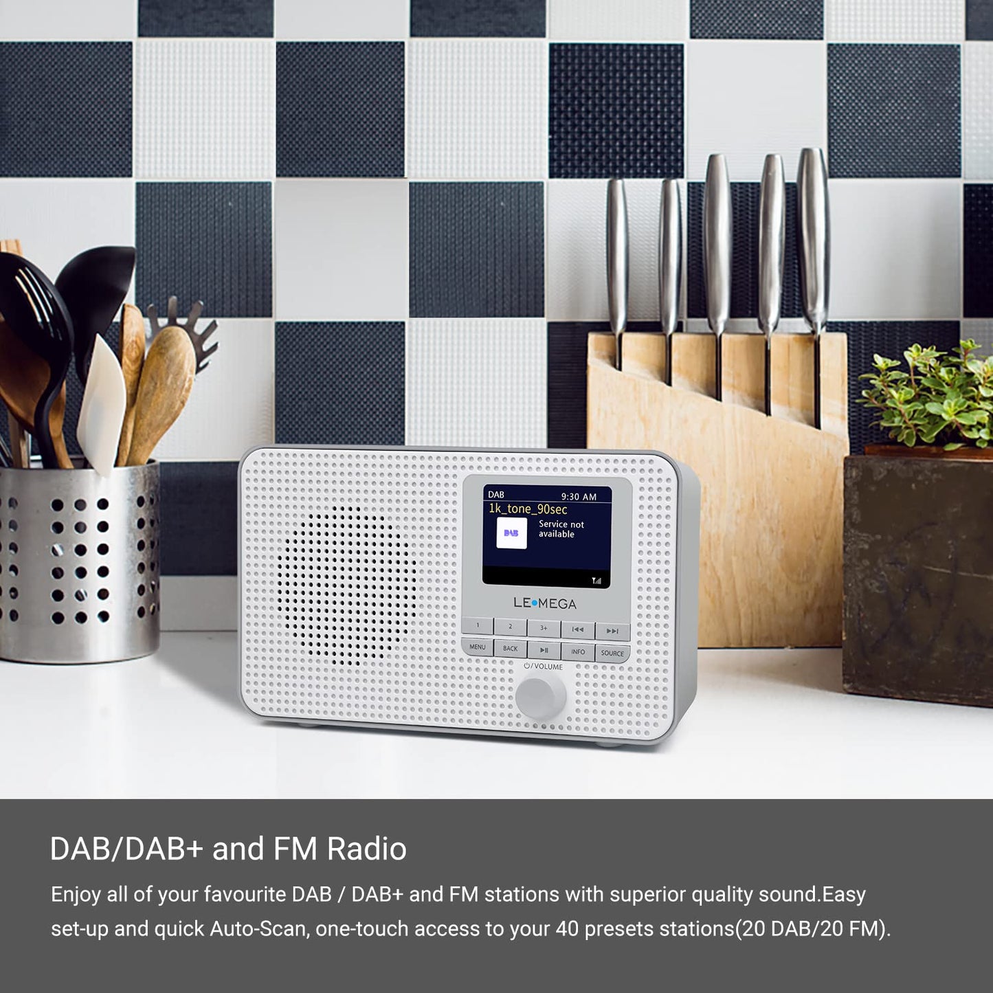 LEMEGA DR3 Portable DAB Plus/FM Digital Radio Battery Powered, Bluetooth Office Radio, Headphone Jack, Favorite Memory, Dual Alarm Clock, TFT Display, Small, 3 Watt RMS - Gray