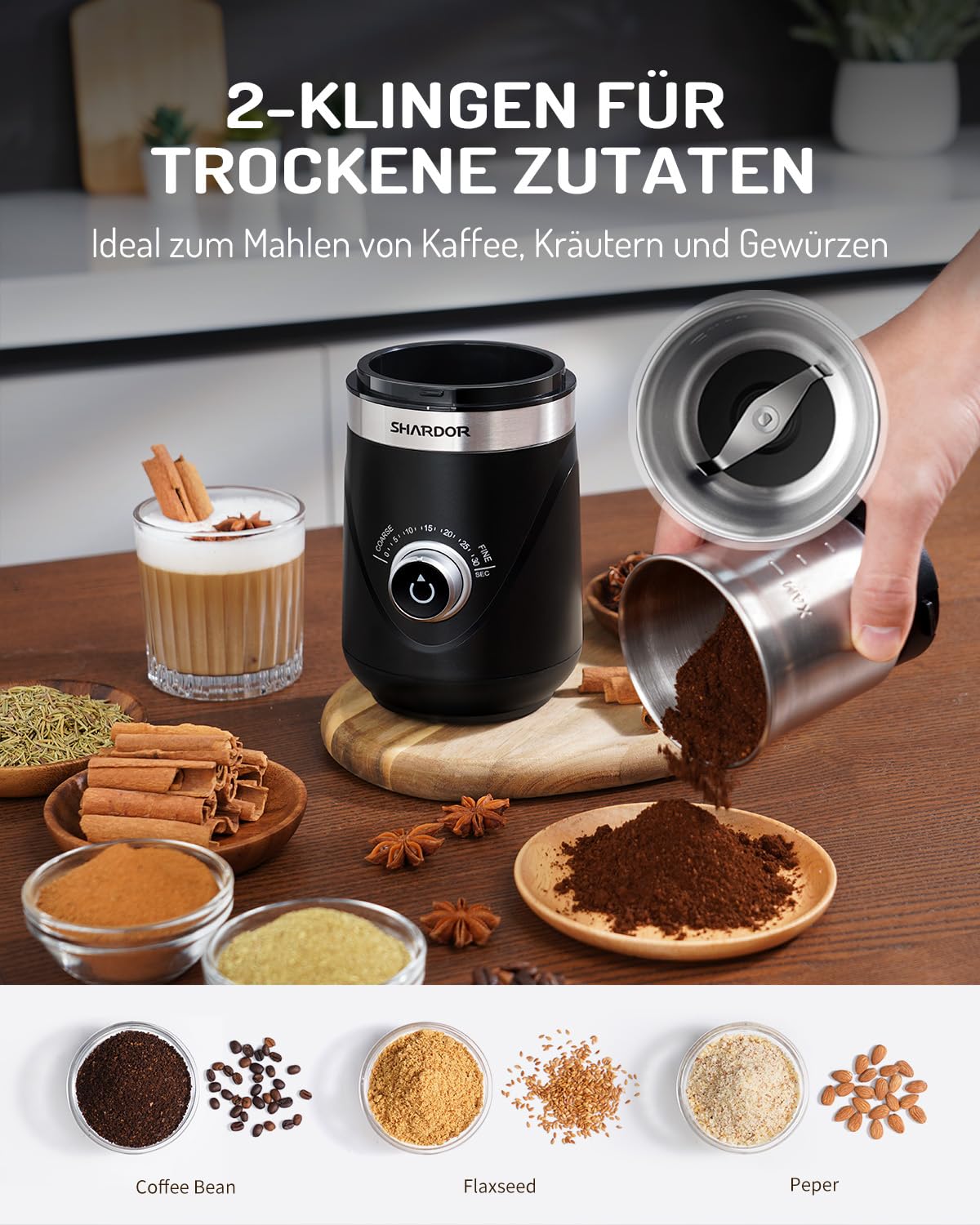 SHARDOR Coffee Grinder with 2 Stainless Steel Cups Spice Grinder, Automatic Timer, Quiet Grinding, Can Be Used to Grind Coffee Beans, Spices, Grains, Sugar, Nuts, 2 * 80 g.